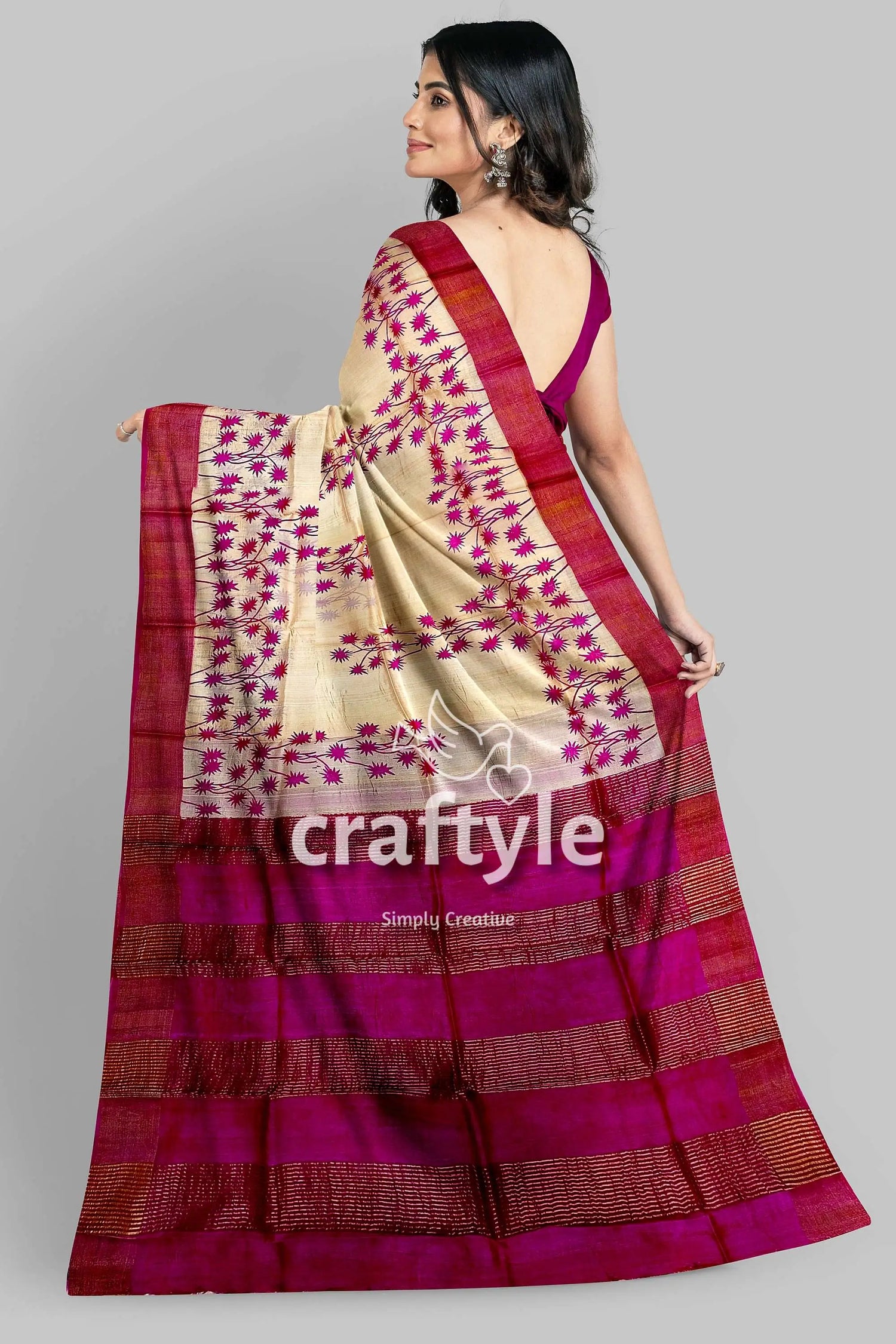 Magenta cream hand block print zari border pure tussar saree woman cream magenta saree 6