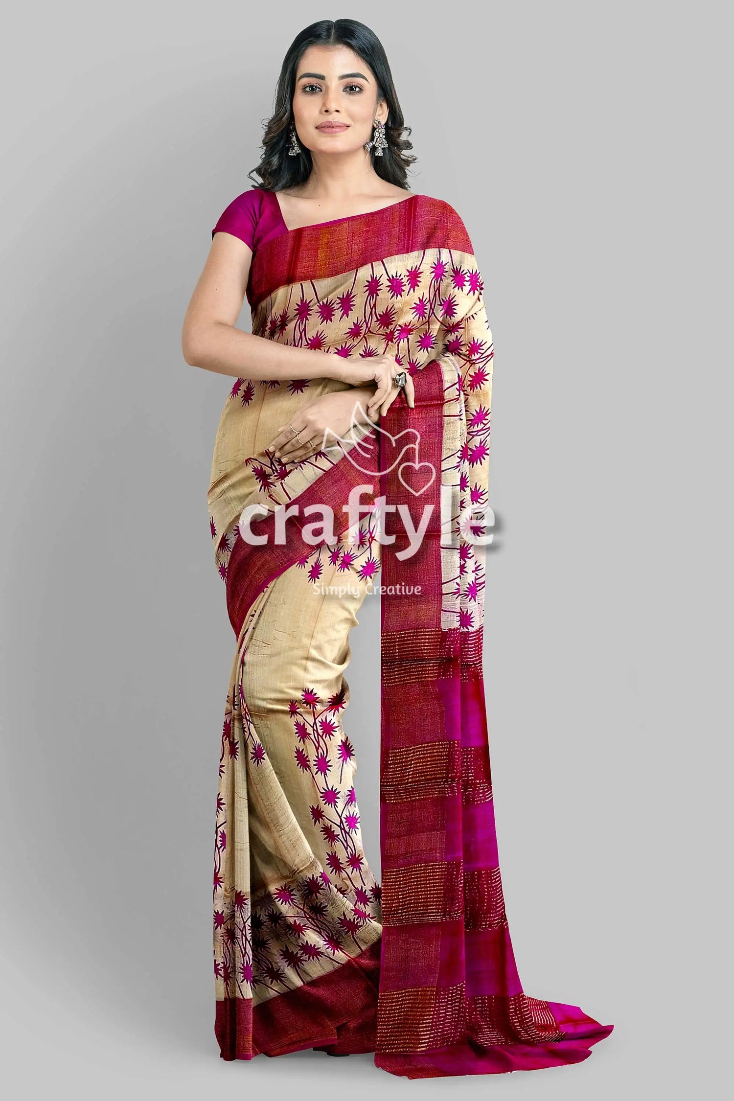 Magenta cream hand block print zari border pure tussar saree woman patterned saree 1