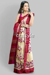 Magenta cream hand block print zari border pure tussar saree woman cream maroon saree 2