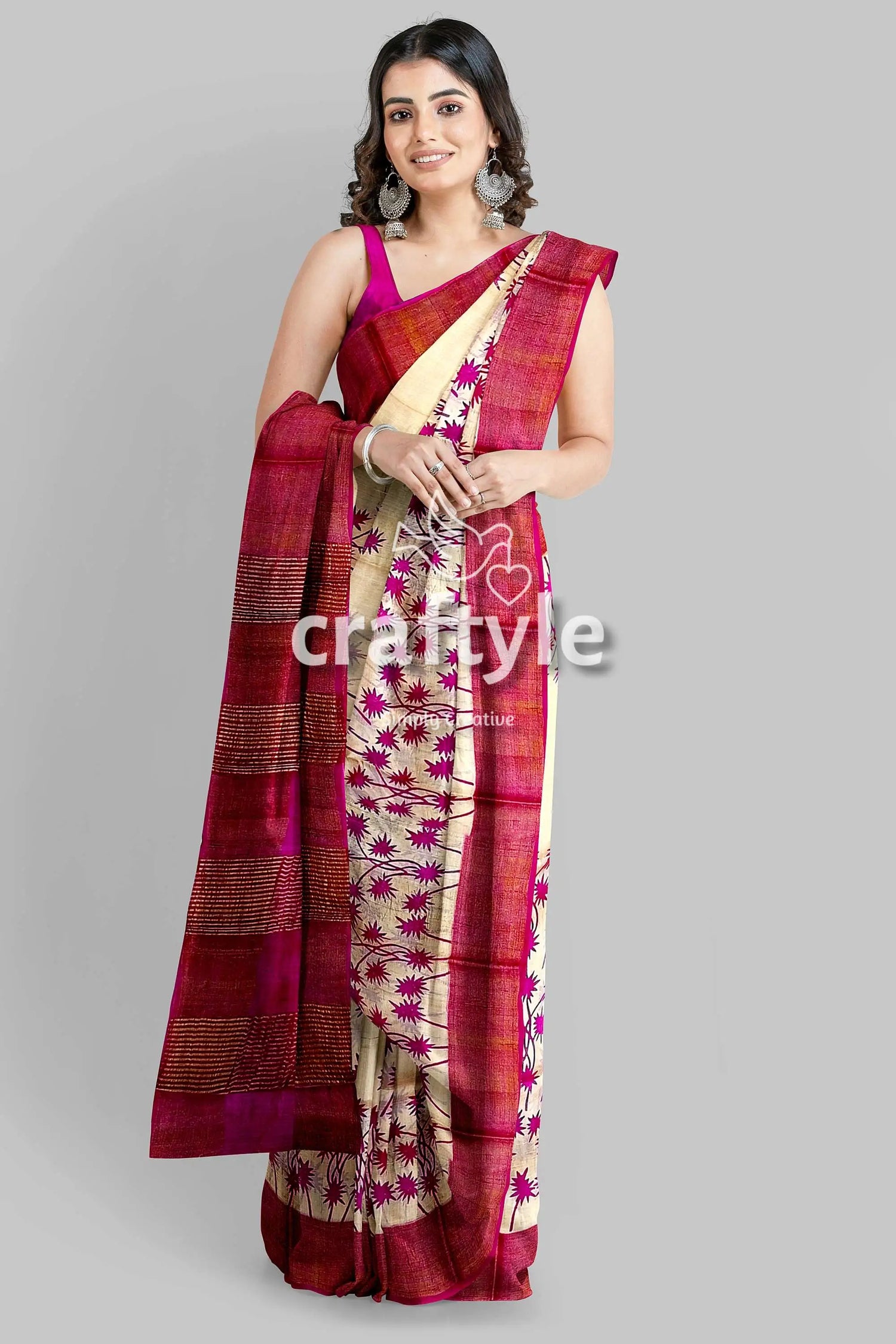 Magenta cream hand block print zari border pure tussar saree woman patterned saree 3