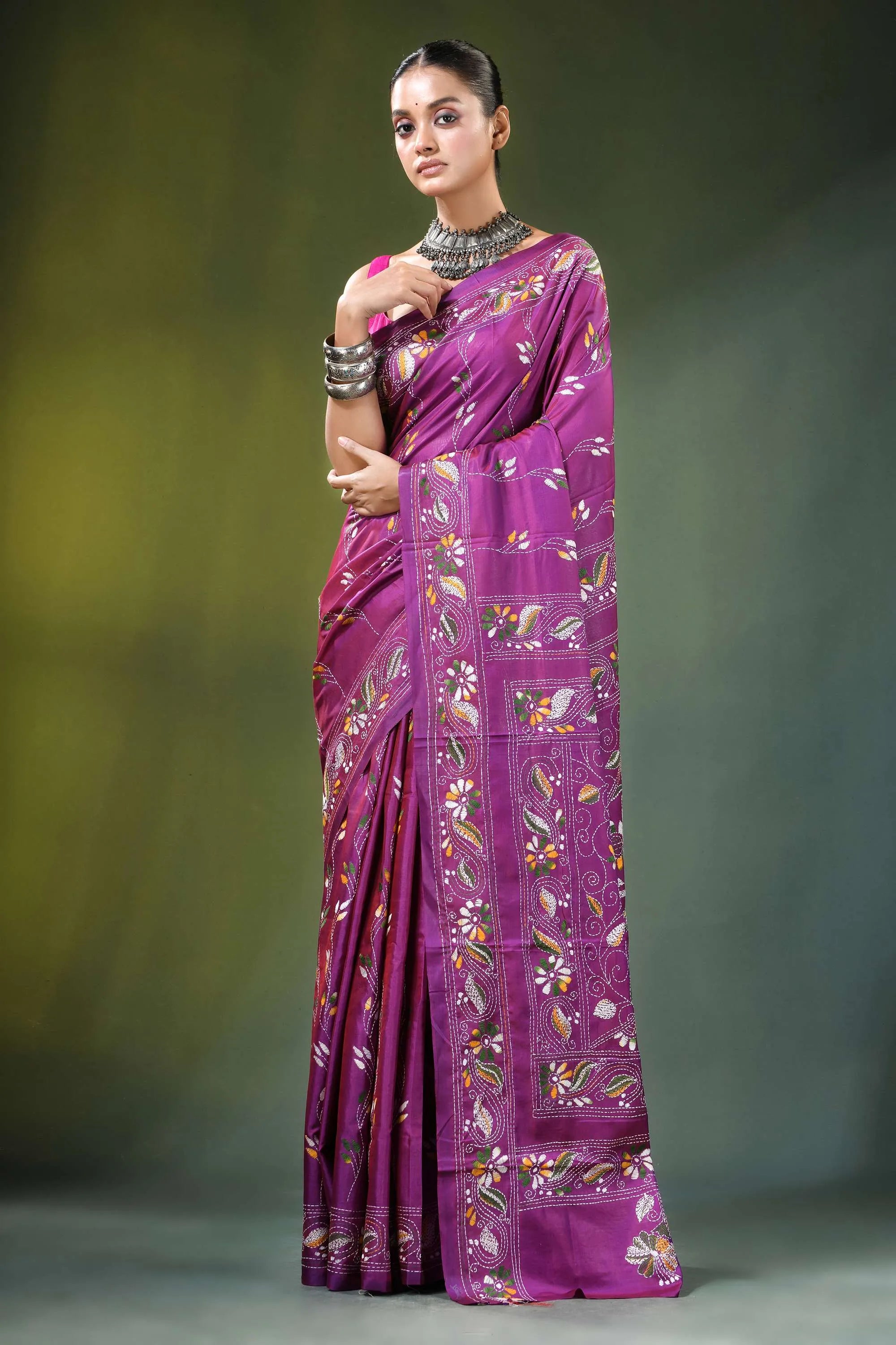 Magenta floral motif hand embroidery silk kantha saree vibrant purple adorned 6