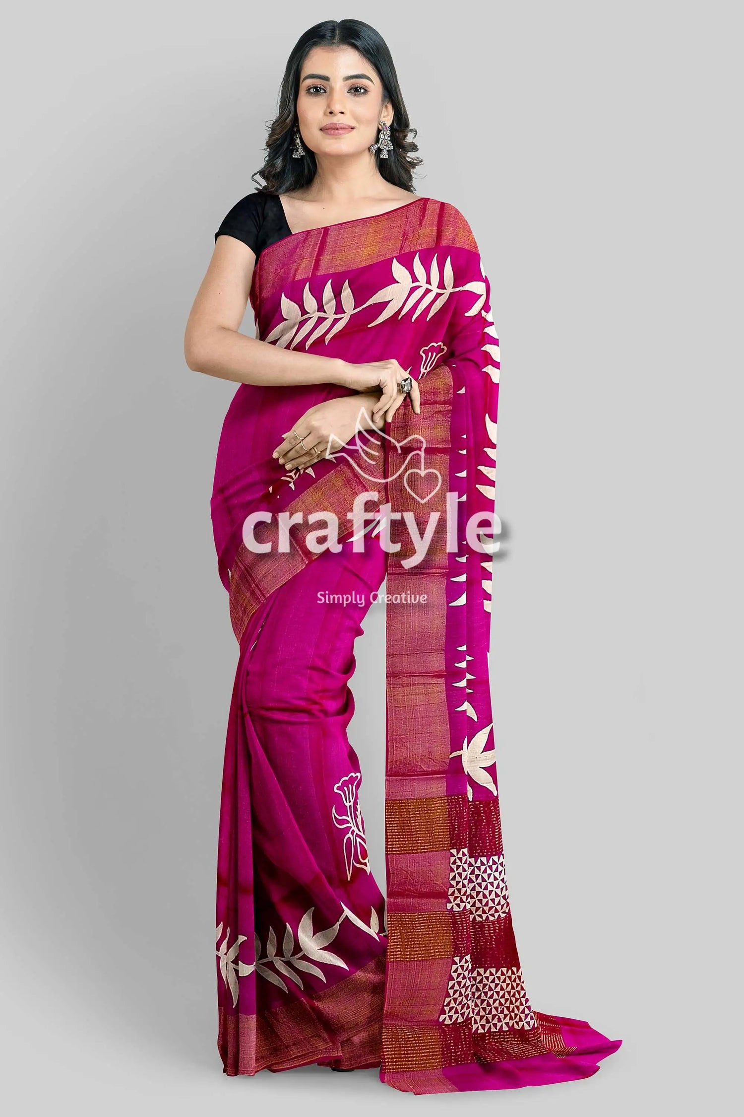 Magenta hand block print pure tussar silk saree with zari border - beautiful and unique magenta saree white leaf