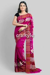 Magenta hand block print pure tussar silk saree with zari border - beautiful and unique magenta saree white leaf