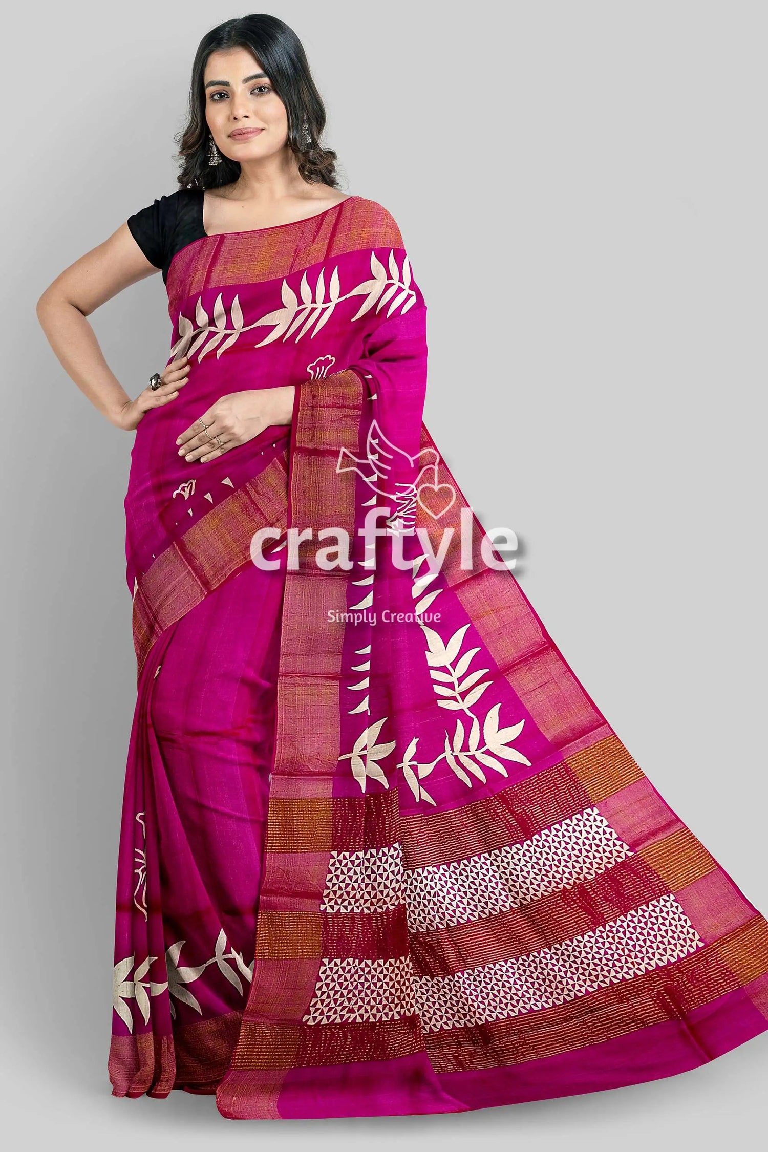 Magenta hand block print pure tussar silk saree with zari border - beautiful and unique magenta saree white leaf bird 5