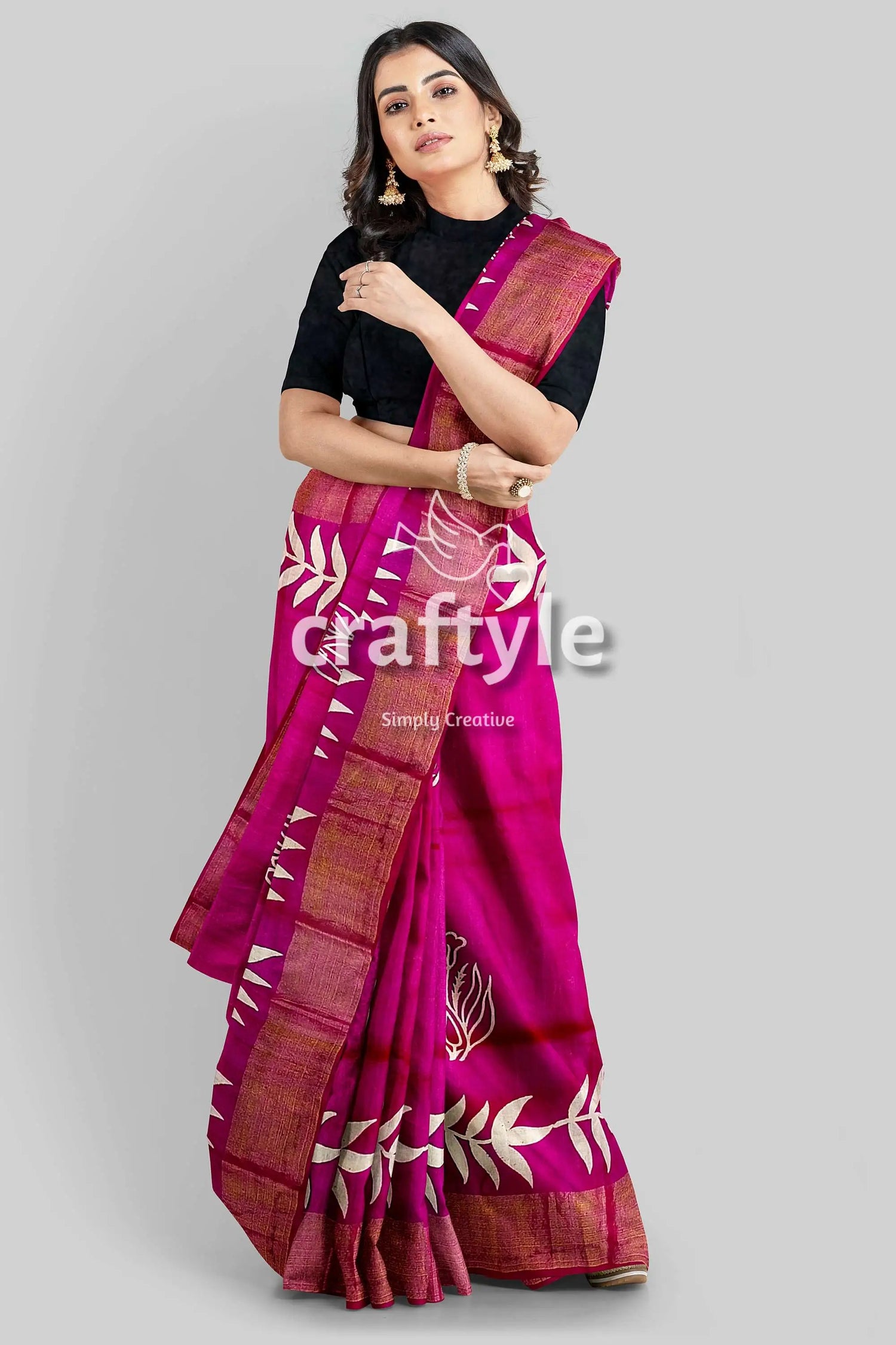 Magenta hand block print pure tussar silk saree with zari border - beautiful and unique woman pink saree white leaf 1