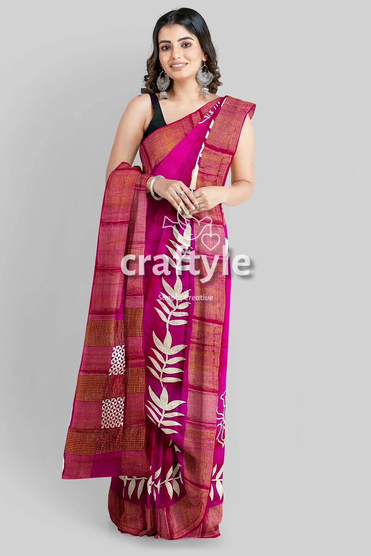 Magenta hand block print pure tussar silk saree with zari border - beautiful and unique magenta saree leaf pattern 4