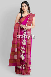 Magenta hand block print pure tussar silk saree with zari border - beautiful and unique magenta saree leaf pattern 4