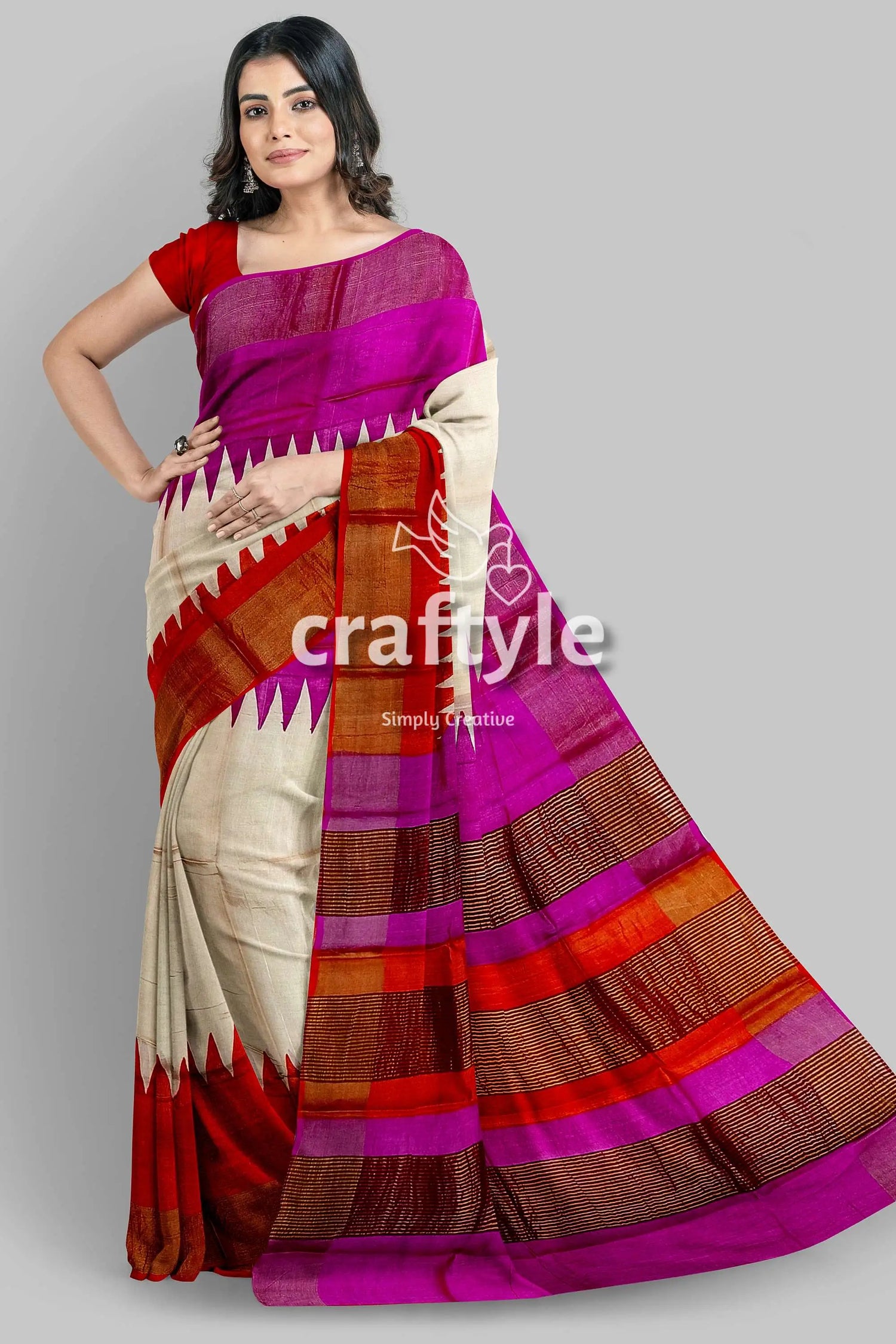 Magenta orange hand block print tussar saree with zari border - ganga yamuna design woman colorful saree 1