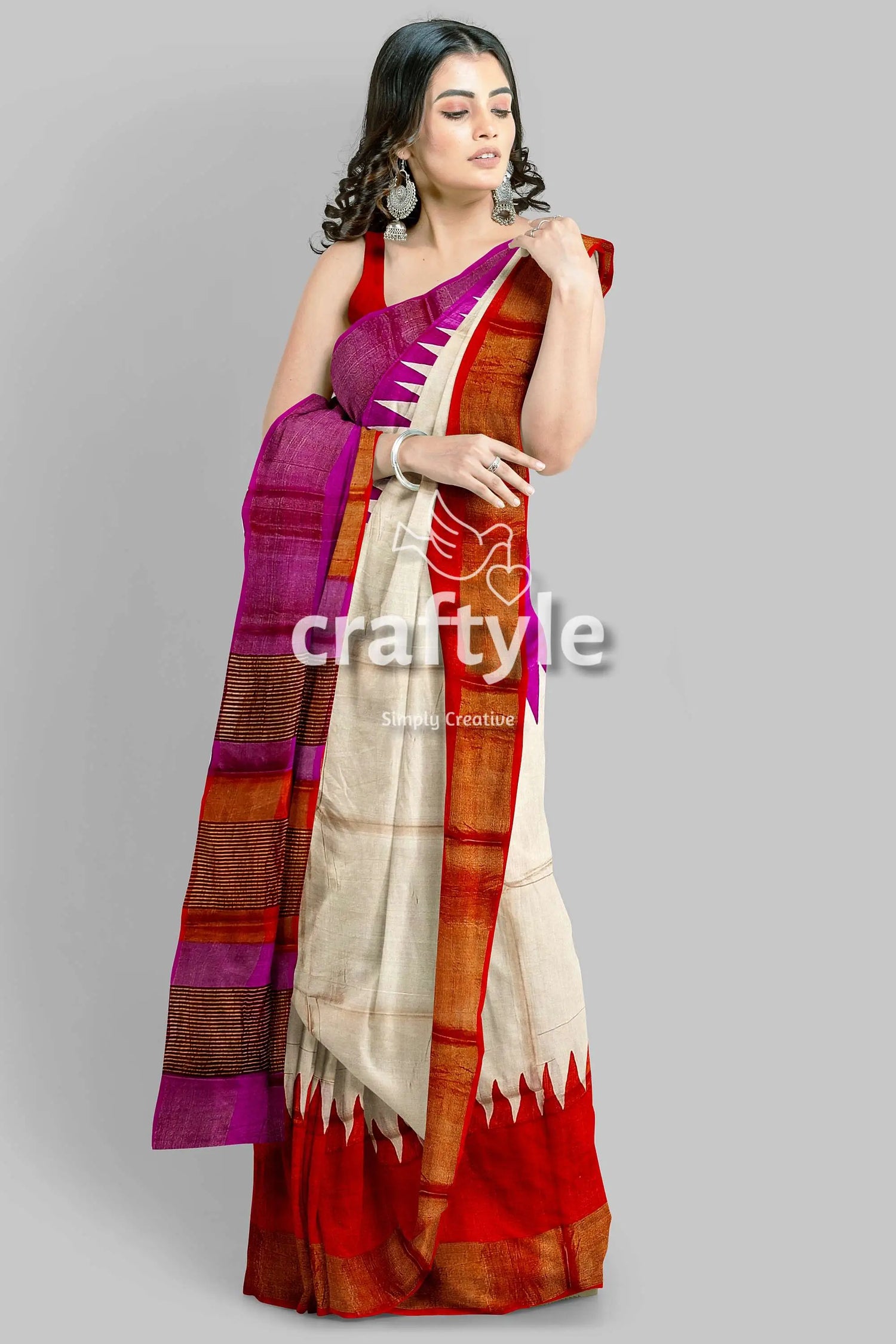 Magenta orange hand block print tussar saree with zari border - ganga yamuna design woman white red saree 3