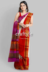 Magenta orange hand block print tussar saree with zari border - ganga yamuna design woman colorful saree 4
