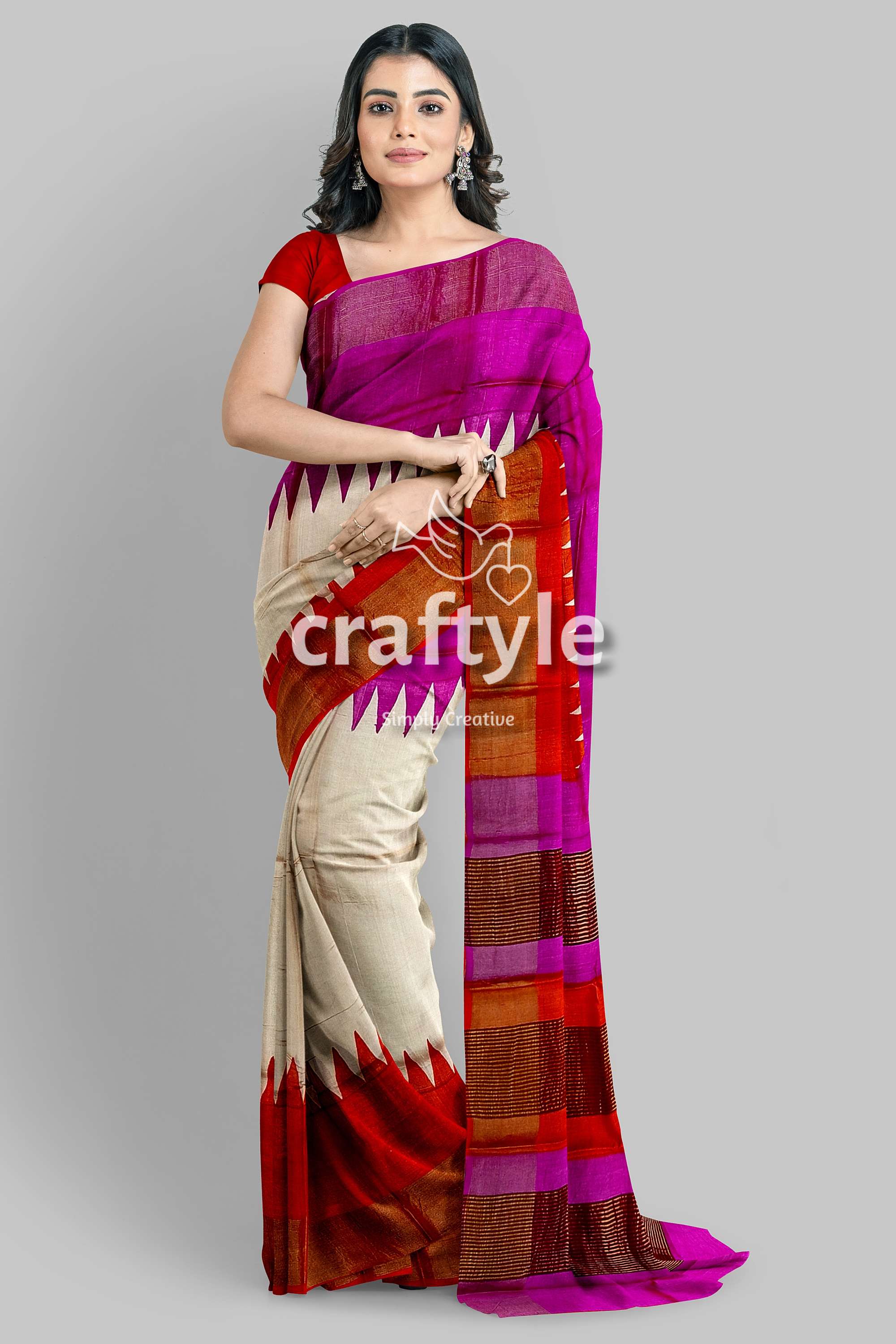 Magenta Orange Hand Block Print Tussar Saree with Zari Border - Ganga Yamuna Design - Craftyle