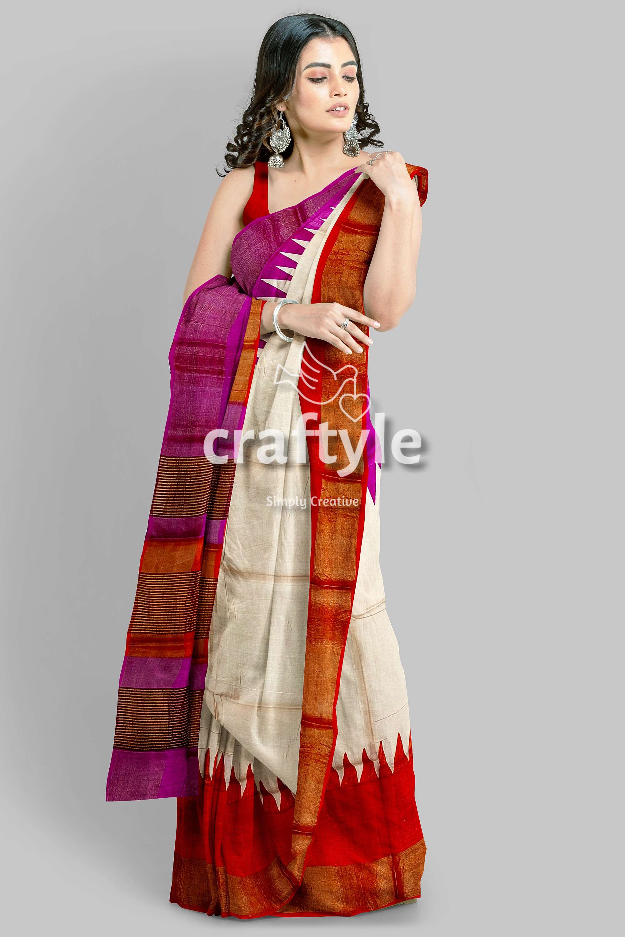 Magenta Orange Hand Block Print Tussar Saree with Zari Border - Ganga Yamuna Design - Craftyle