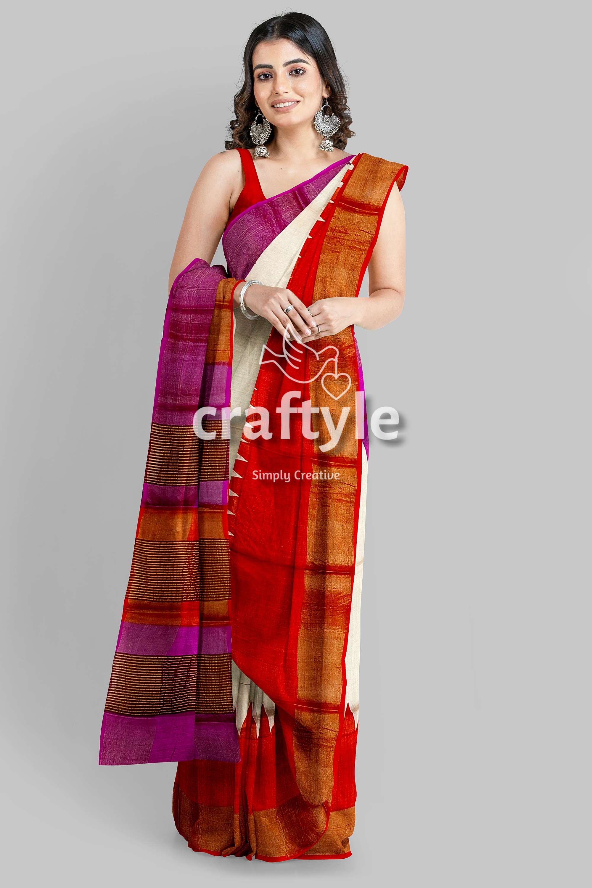 Magenta Orange Hand Block Print Tussar Saree with Zari Border - Ganga Yamuna Design - Craftyle