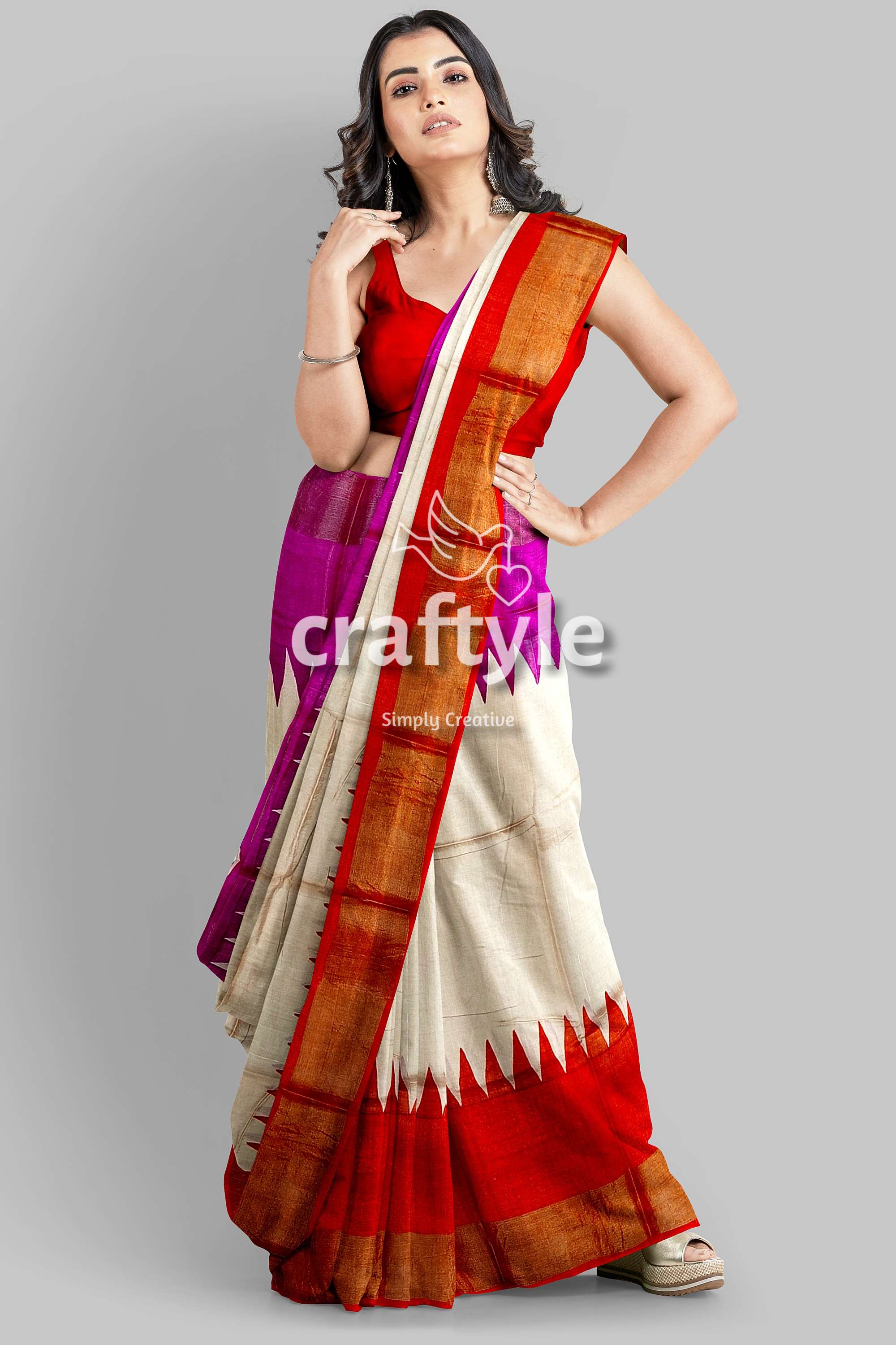 Magenta Orange Hand Block Print Tussar Saree with Zari Border - Ganga Yamuna Design - Craftyle