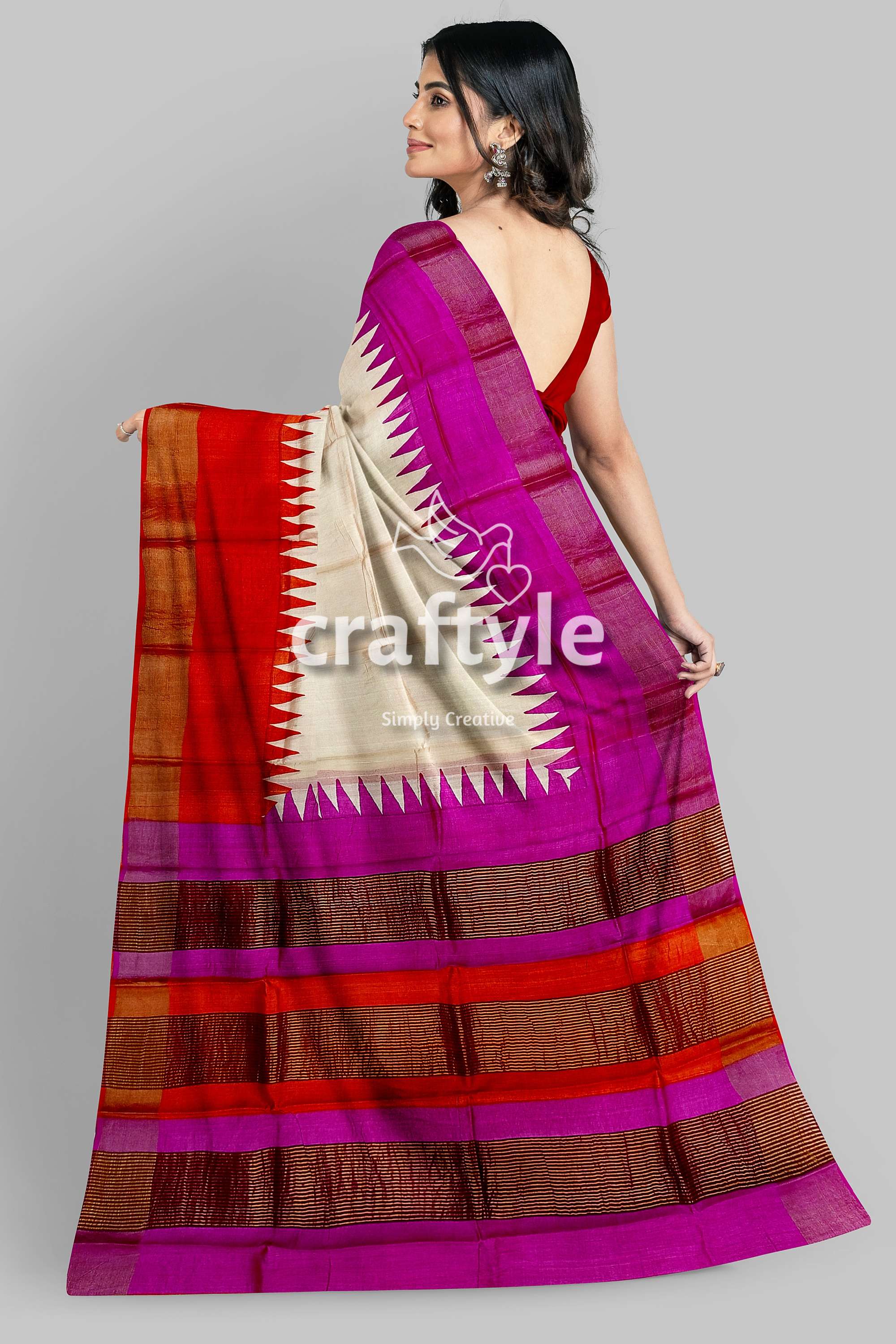 Magenta Orange Hand Block Print Tussar Saree with Zari Border - Ganga Yamuna Design - Craftyle