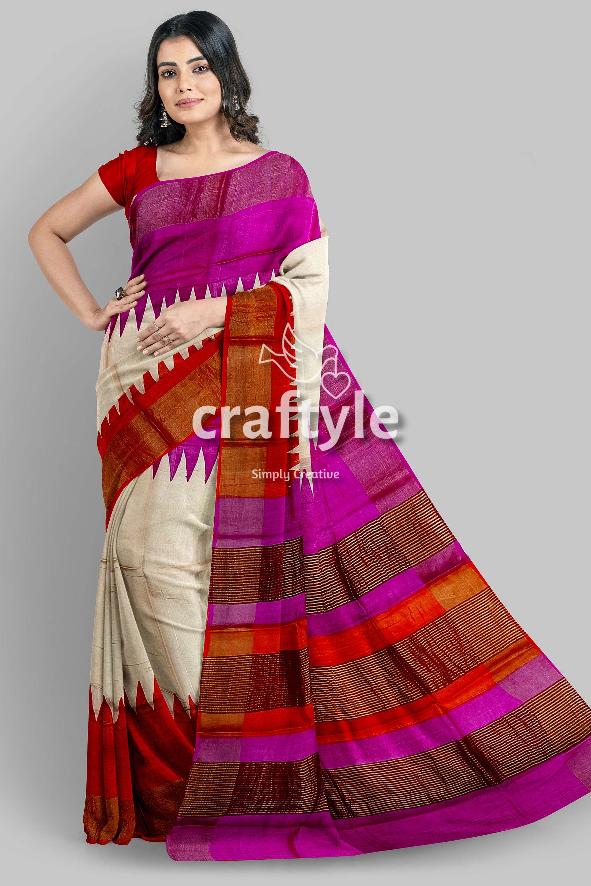 Magenta Orange Hand Block Print Tussar Saree with Zari Border - Ganga Yamuna Design - Craftyle