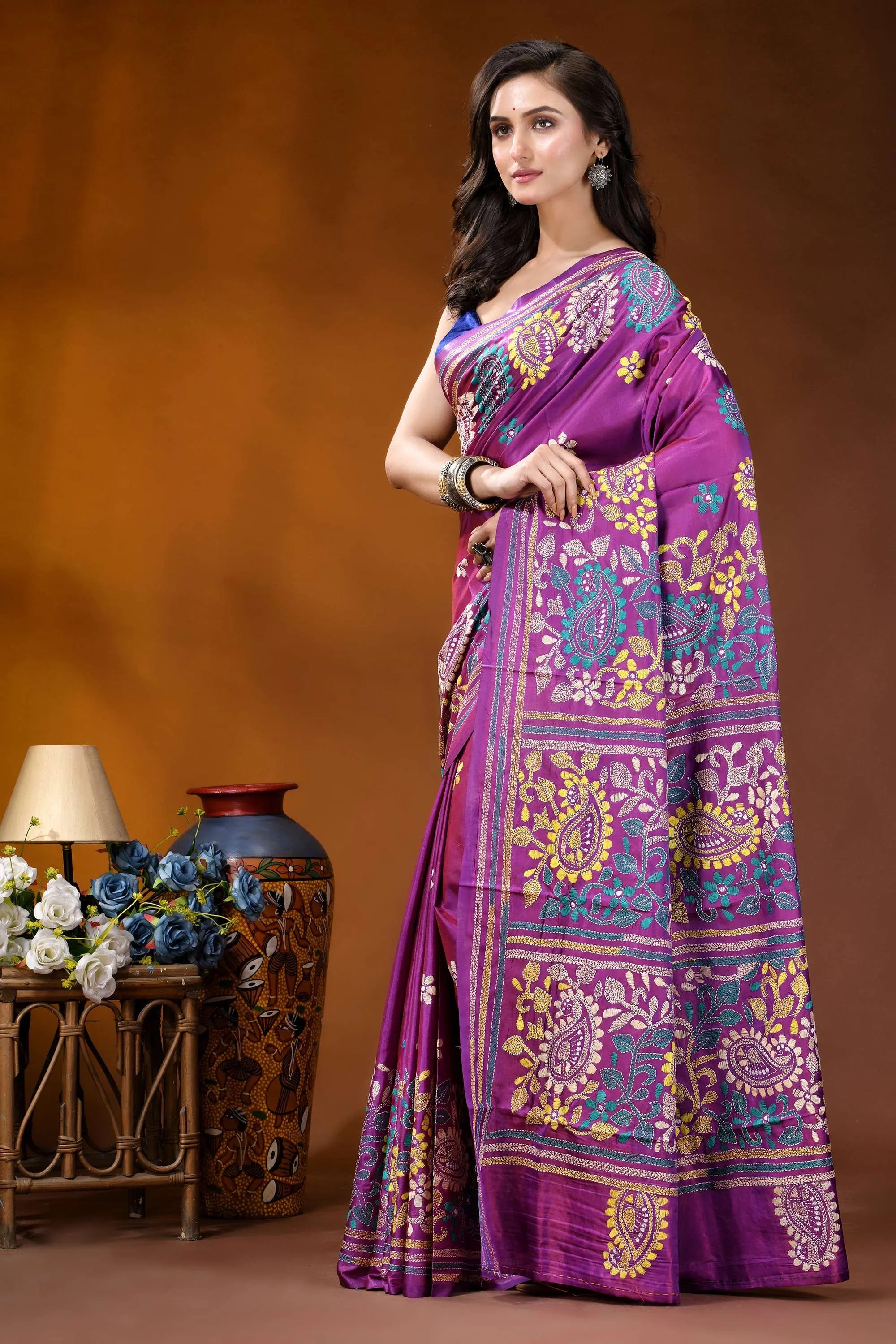 Magenta paisley design handcrafted kantha embroidery silk saree vibrant purple saree adorned intricate 3
