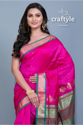 Magenta pink blended silk bomkai saree with blouse piece pink silk saree gold green 2