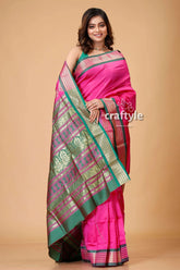 Magenta pink zari border meenakari bomkai silk saree pink silk saree green gold 4