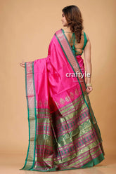 Magenta pink zari border meenakari bomkai silk saree pink silk saree green gold 5