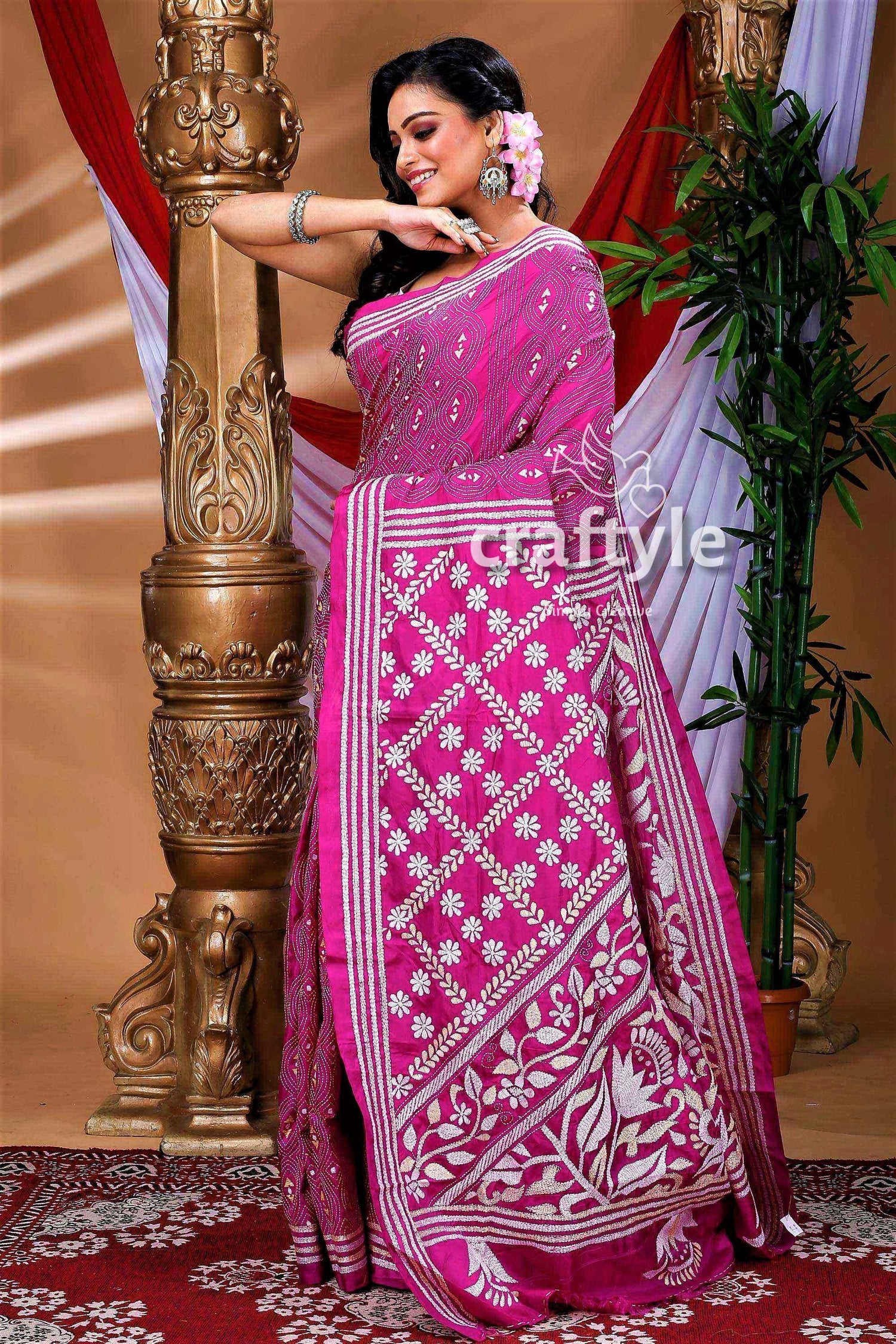 Magenta Purple Hand Embroidered Silk Kantha Saree-Craftyle