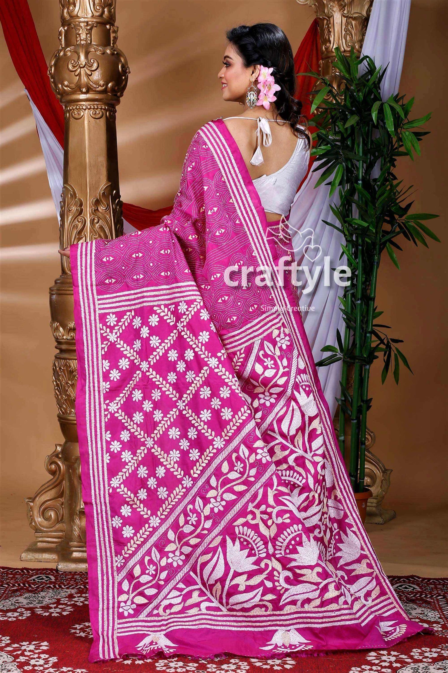 Magenta Purple Hand Embroidered Silk Kantha Saree-Craftyle