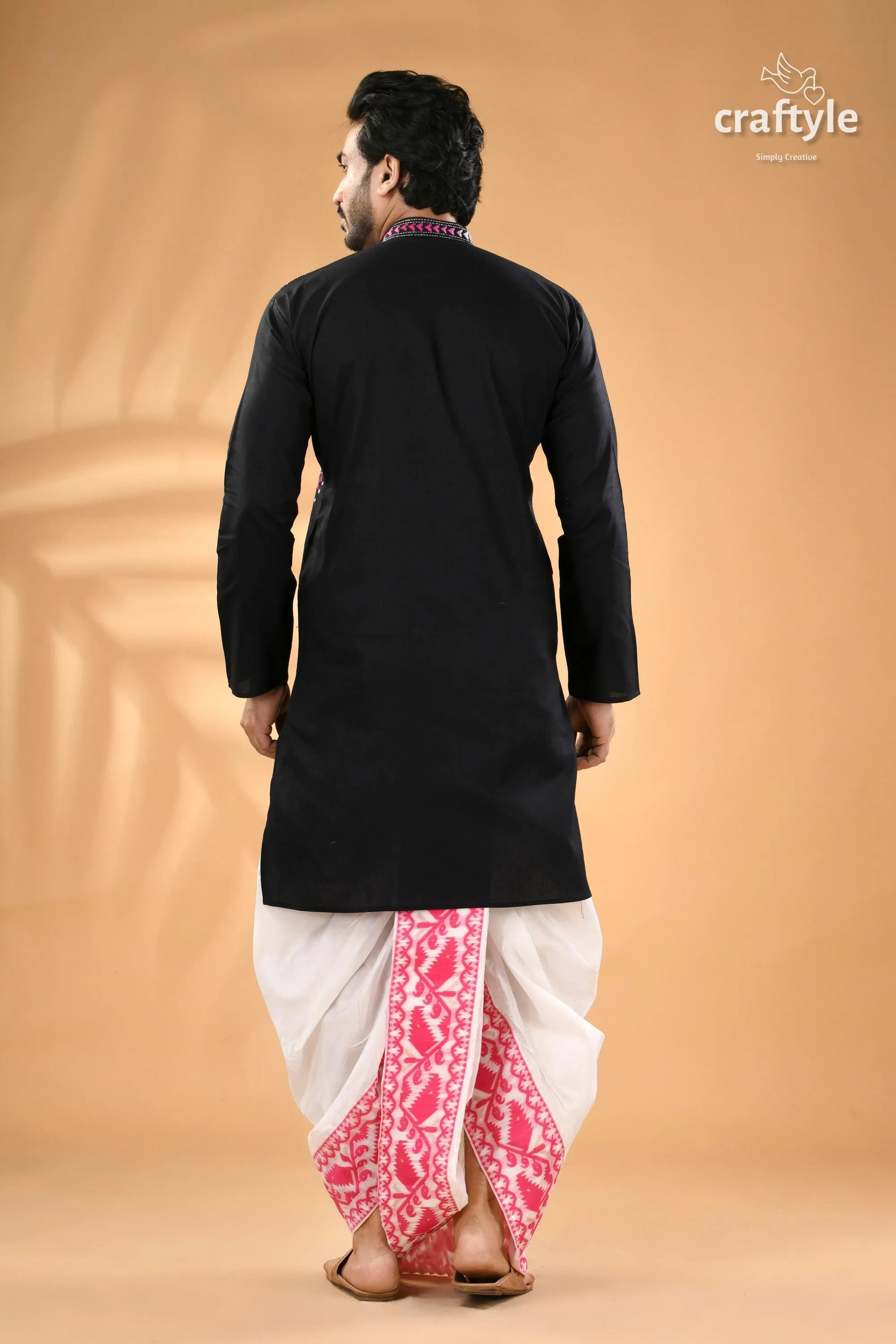 Magenta thread black hand embroidery men’s kurta - reverse stitch man embroidered collar 6