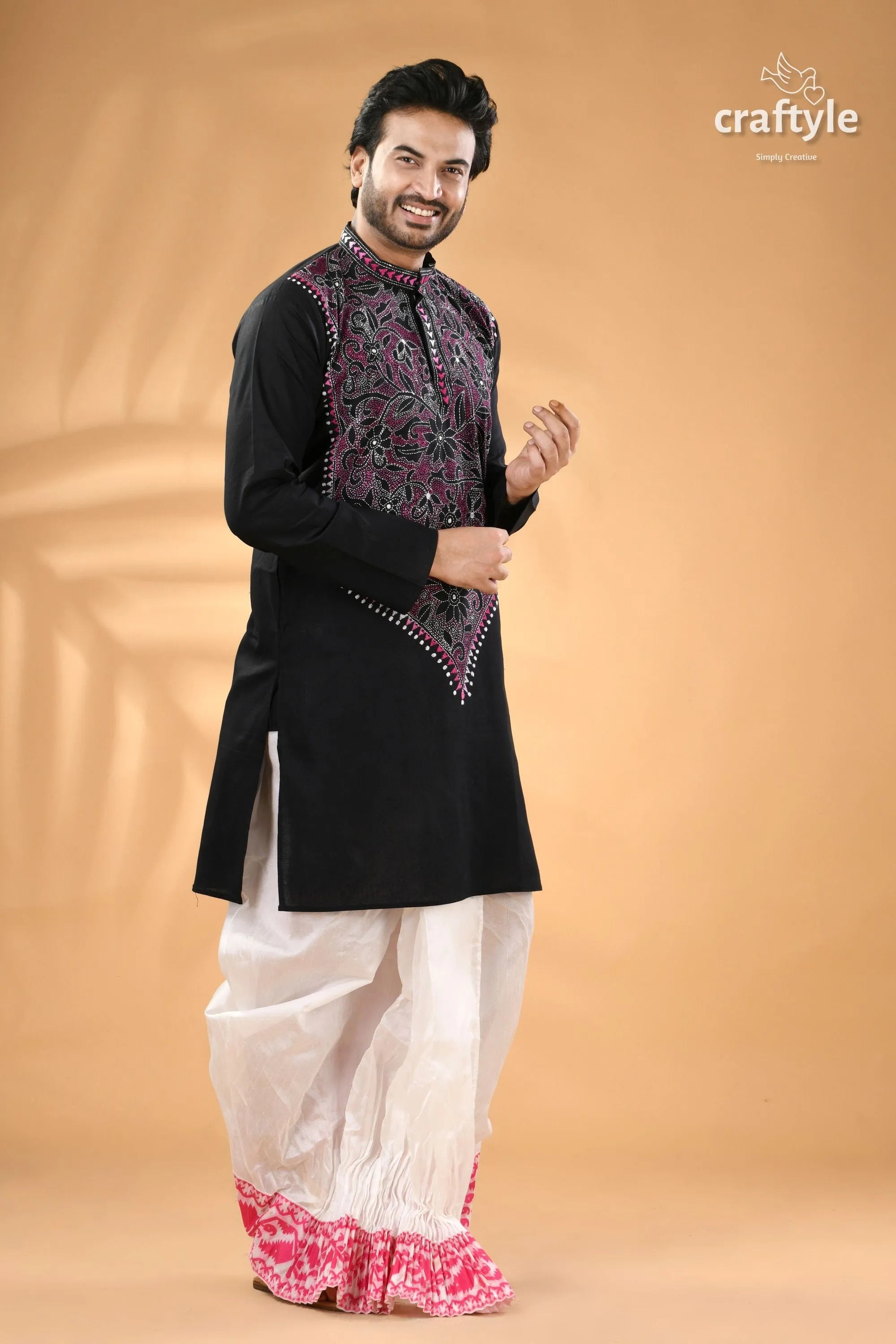 Magenta thread black hand embroidery men’s kurta - reverse stitch man’s intricate 4