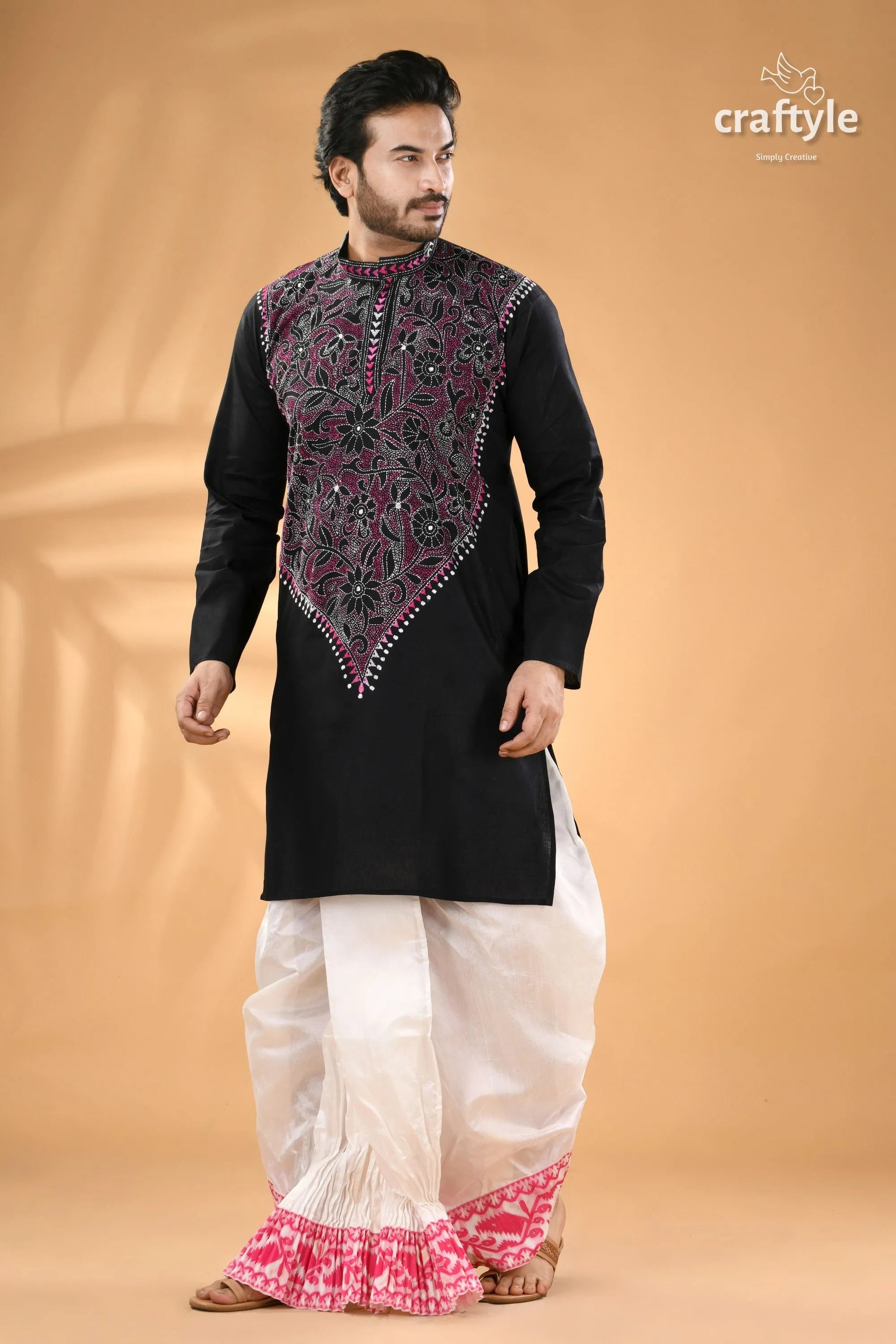 Magenta thread black hand embroidery men’s kurta - reverse stitch embroidered white 5