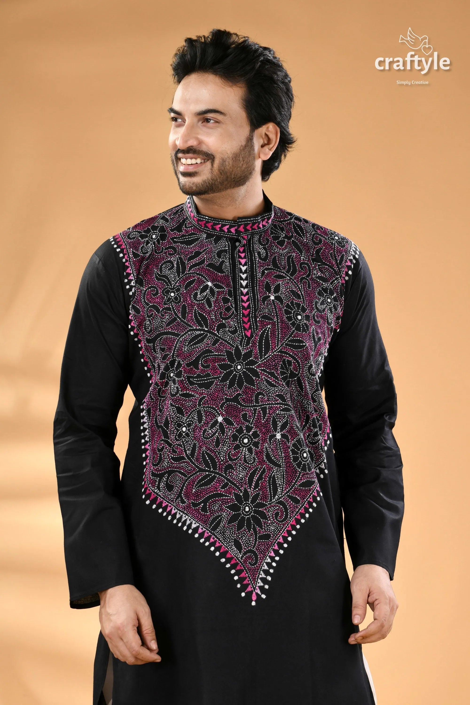 Magenta thread black hand embroidery men’s kurta - reverse stitch elaborate pink 2