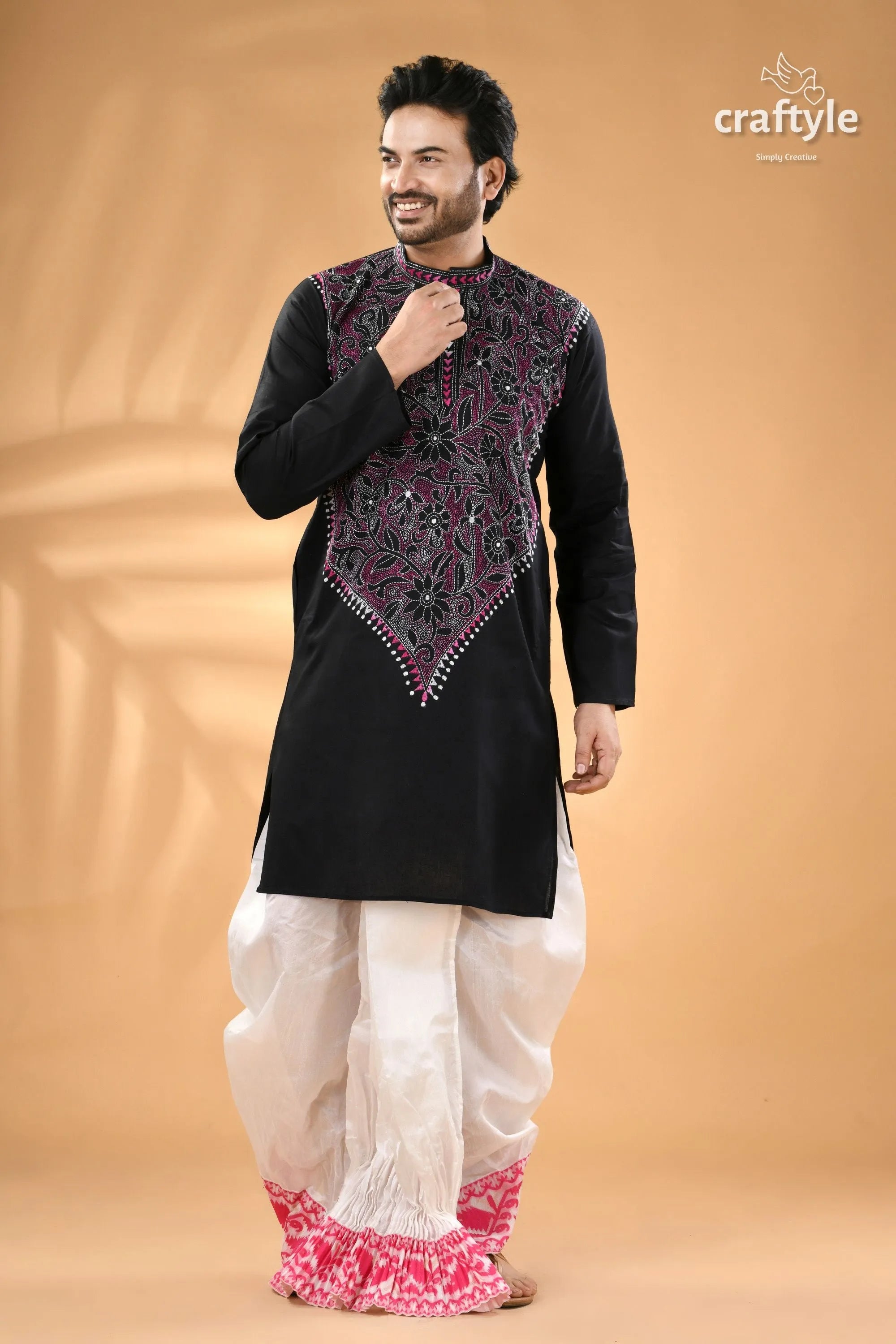 Magenta thread black hand embroidery men’s kurta - reverse stitch embroidered white 3