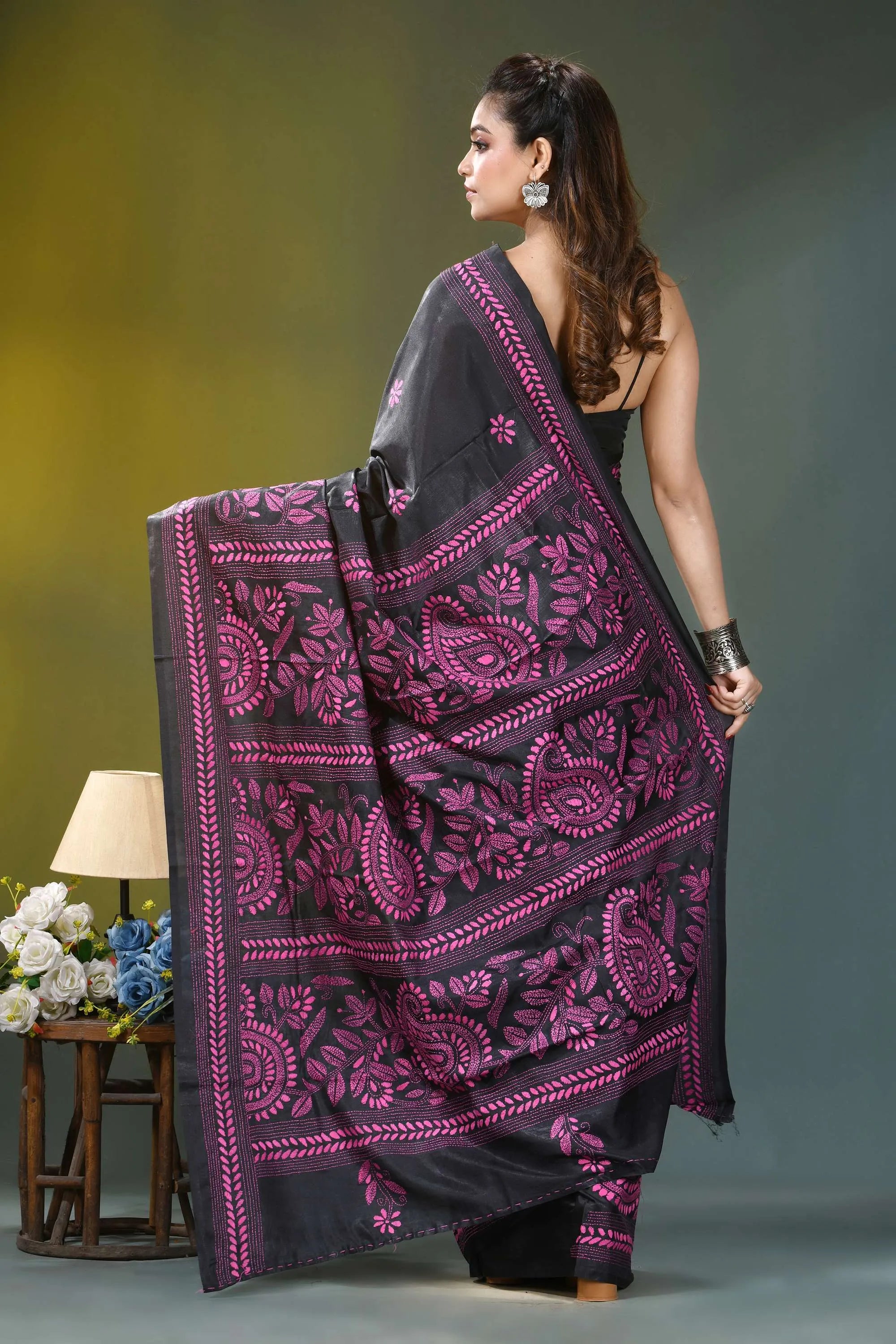 Magenta thread floral silk kantha stitch saree in black black saree vibrant pink paisley 5