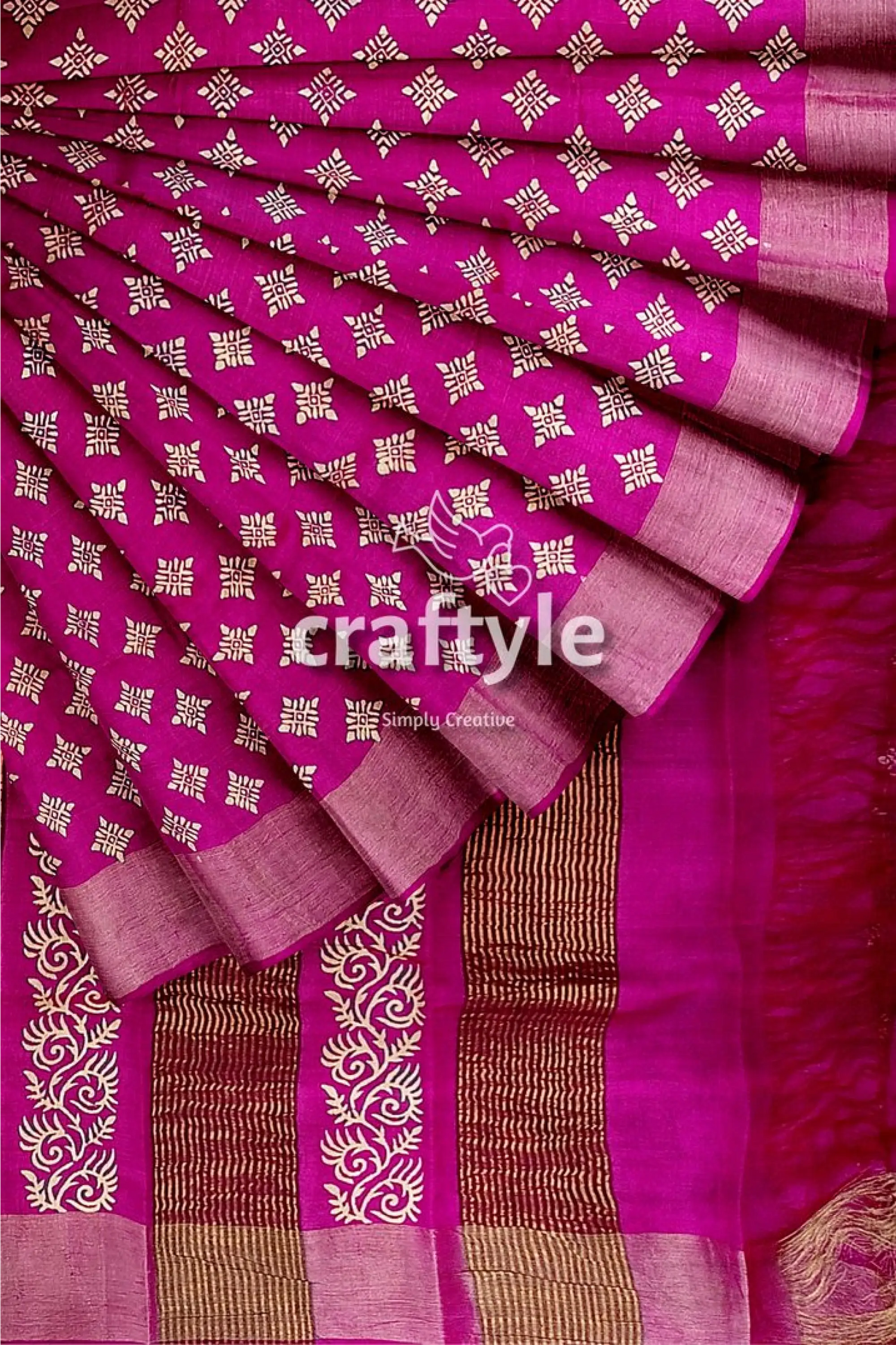 Magenta white hand block print zari border pure tussar silk saree magenta saree gold accents 4