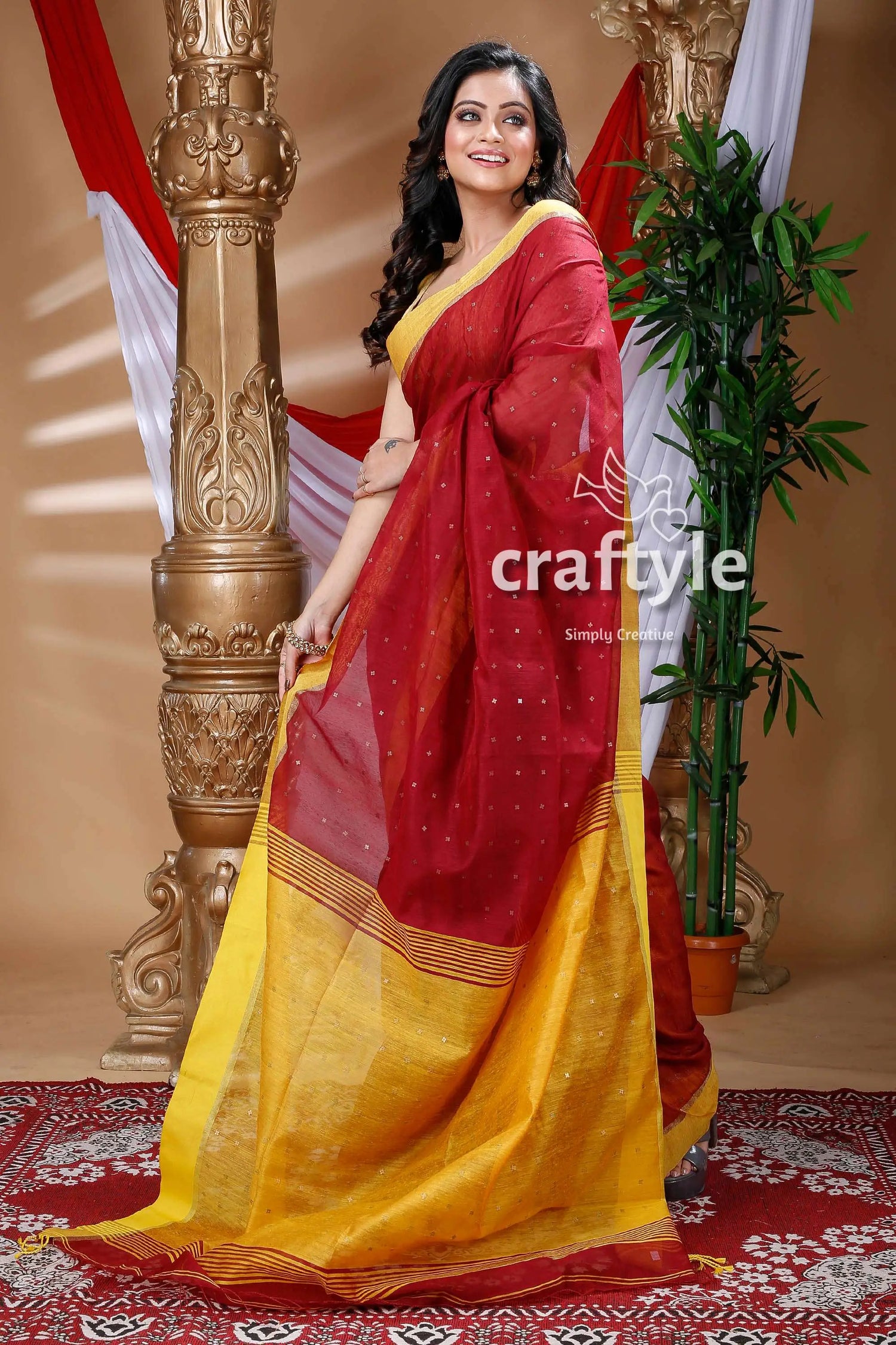 Mahogany red & mustard yellow handloom cotton saree red yellow saree 3