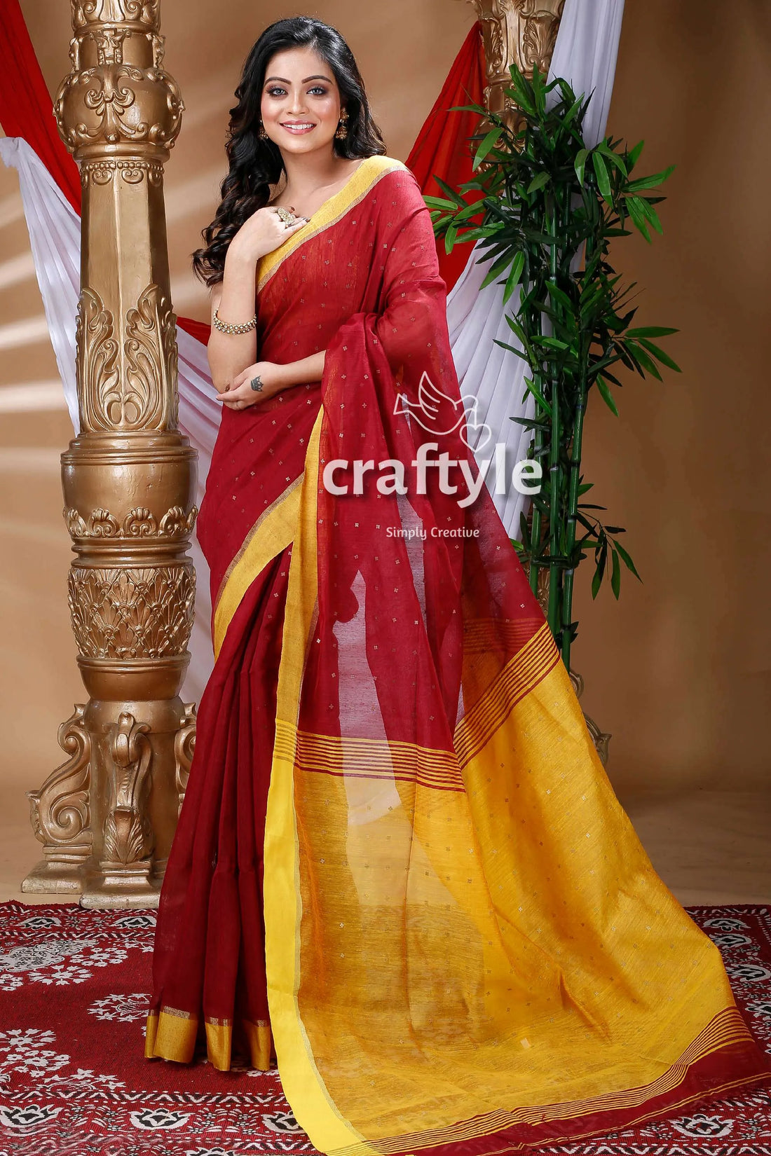 Mahogany red & mustard yellow handloom cotton saree maroon 1