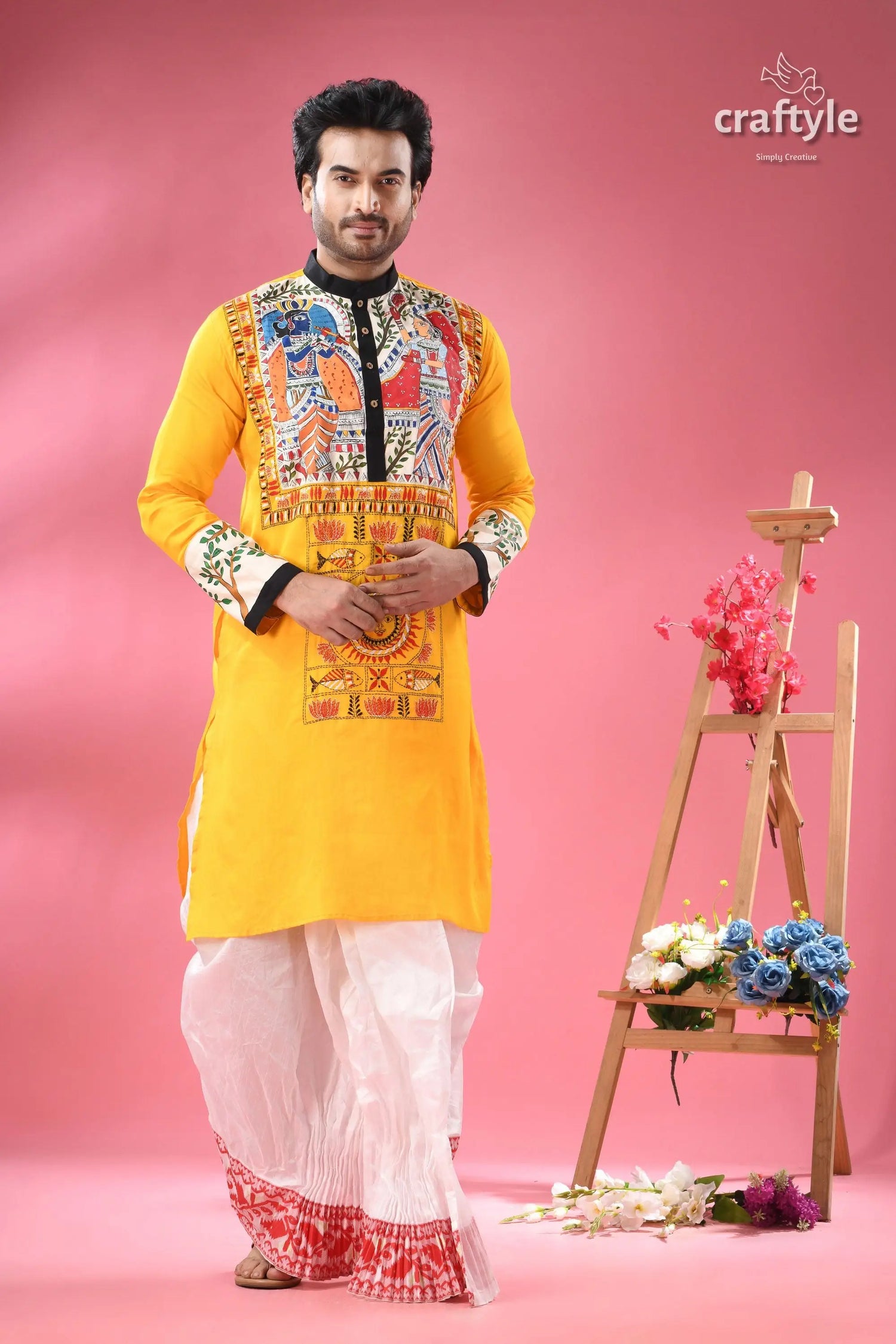 Mahubani hand painted cotton punjabi for men with kantha embroidery men’s yellow kurta colorful folk 6