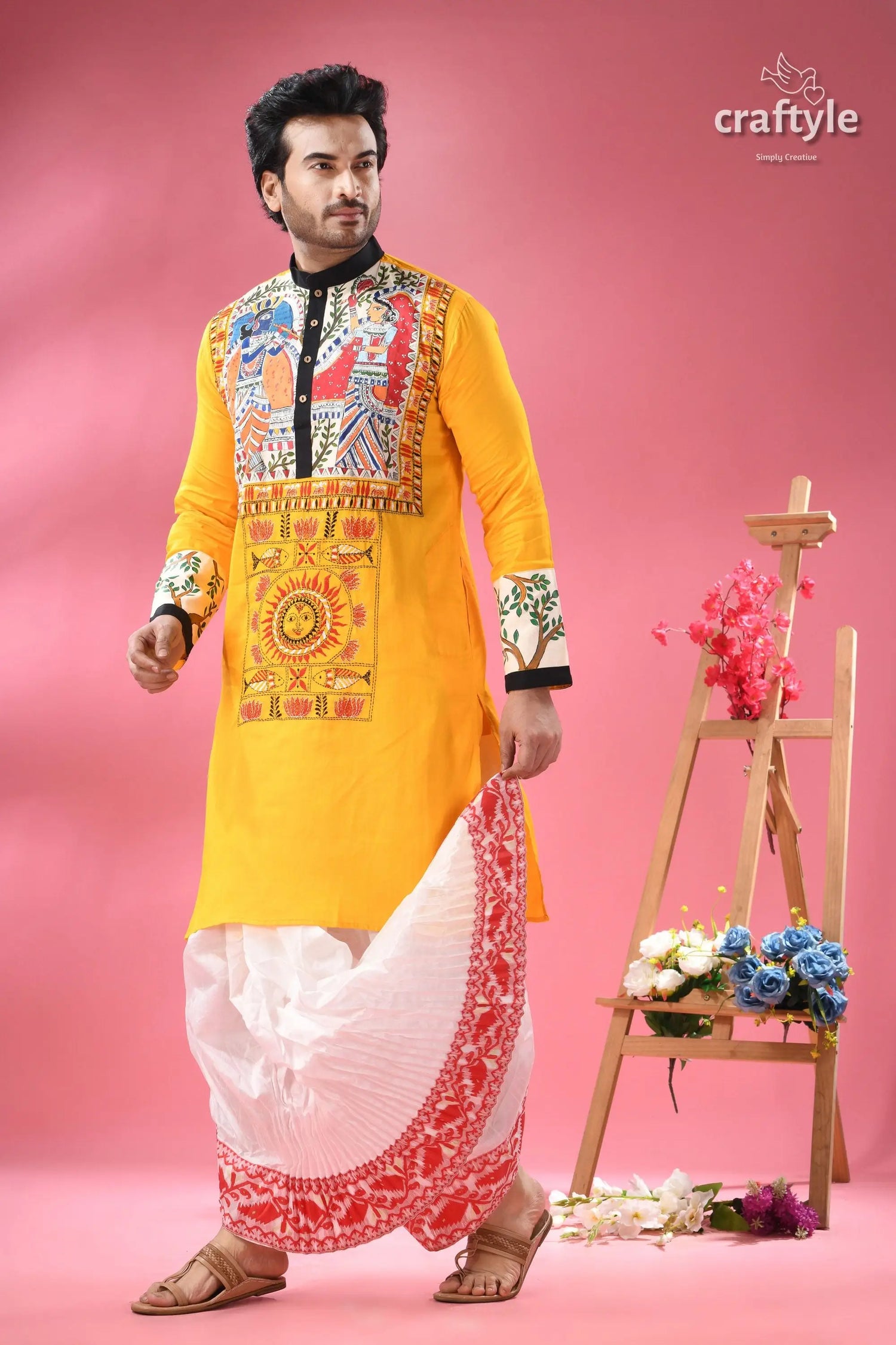 Mahubani hand painted cotton punjabi for men with kantha embroidery men’s yellow kurta colorful folk 4