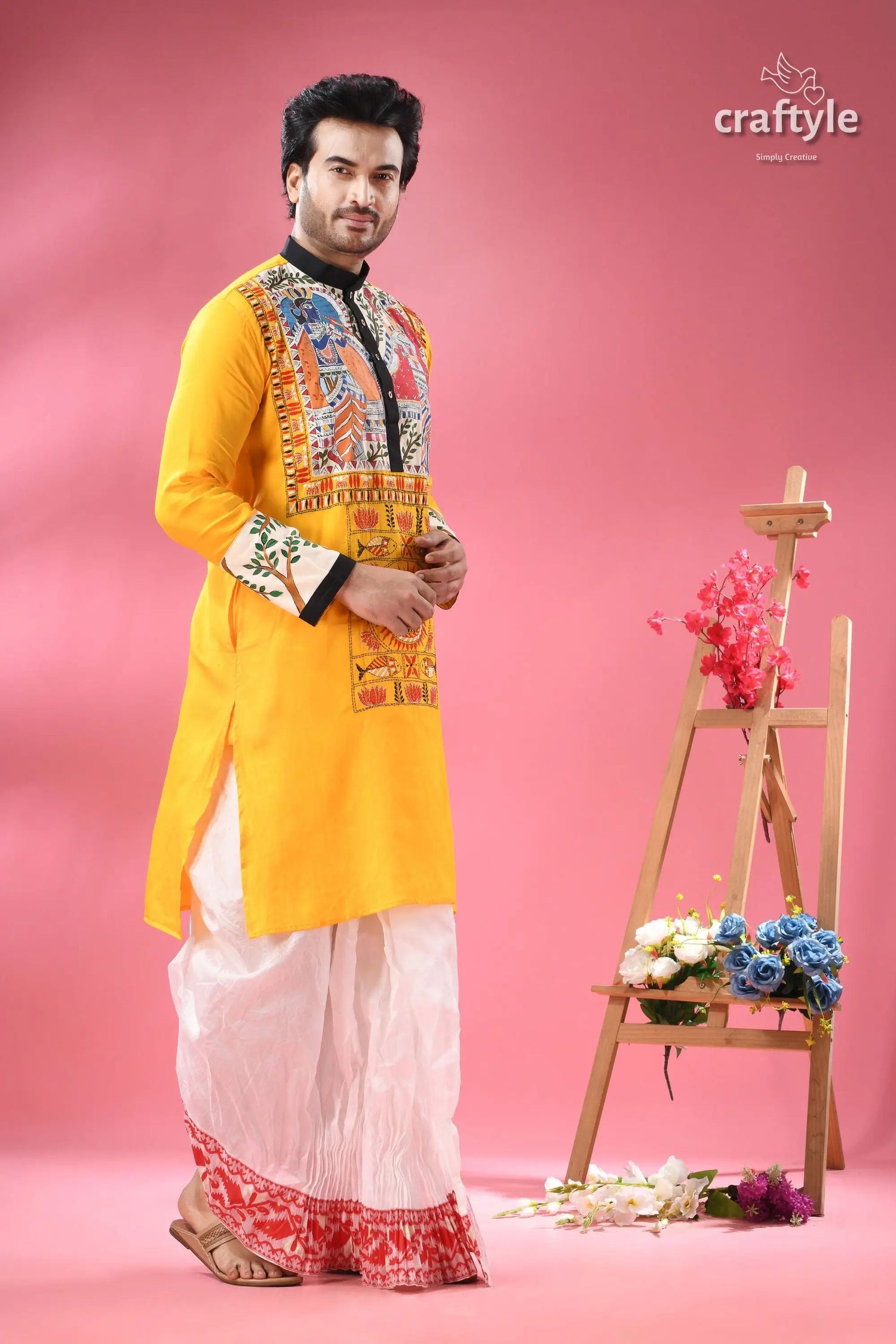 Mahubani hand painted cotton punjabi for men with kantha embroidery men’s yellow kurta colorful folk 8