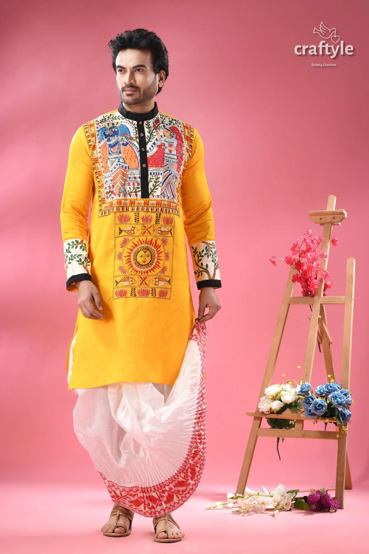 Mahubani hand painted cotton punjabi for men with kantha embroidery men’s yellow kurta colorful folk 5