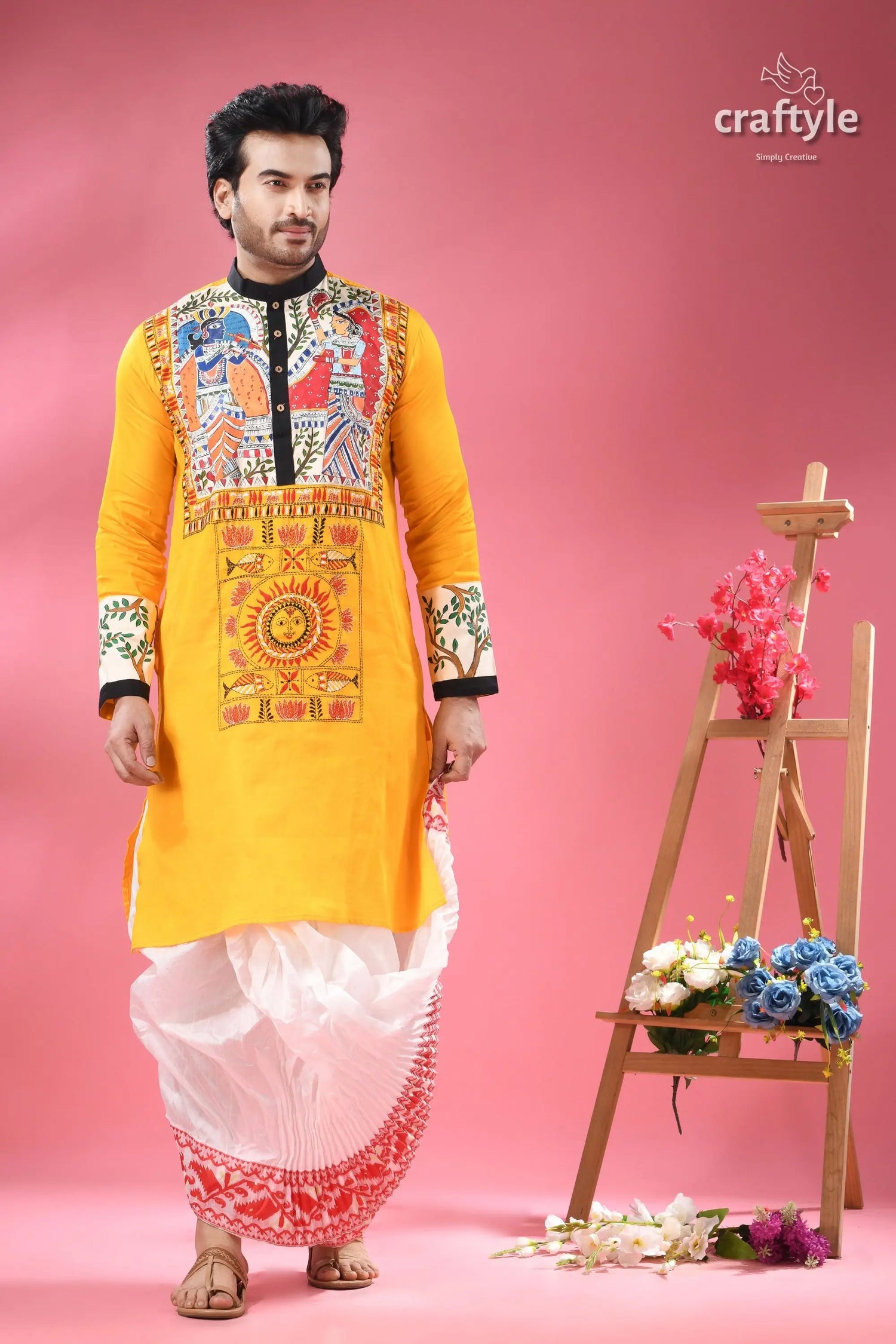 Mahubani hand painted cotton punjabi for men with kantha embroidery men’s yellow kurta colorful folk 1