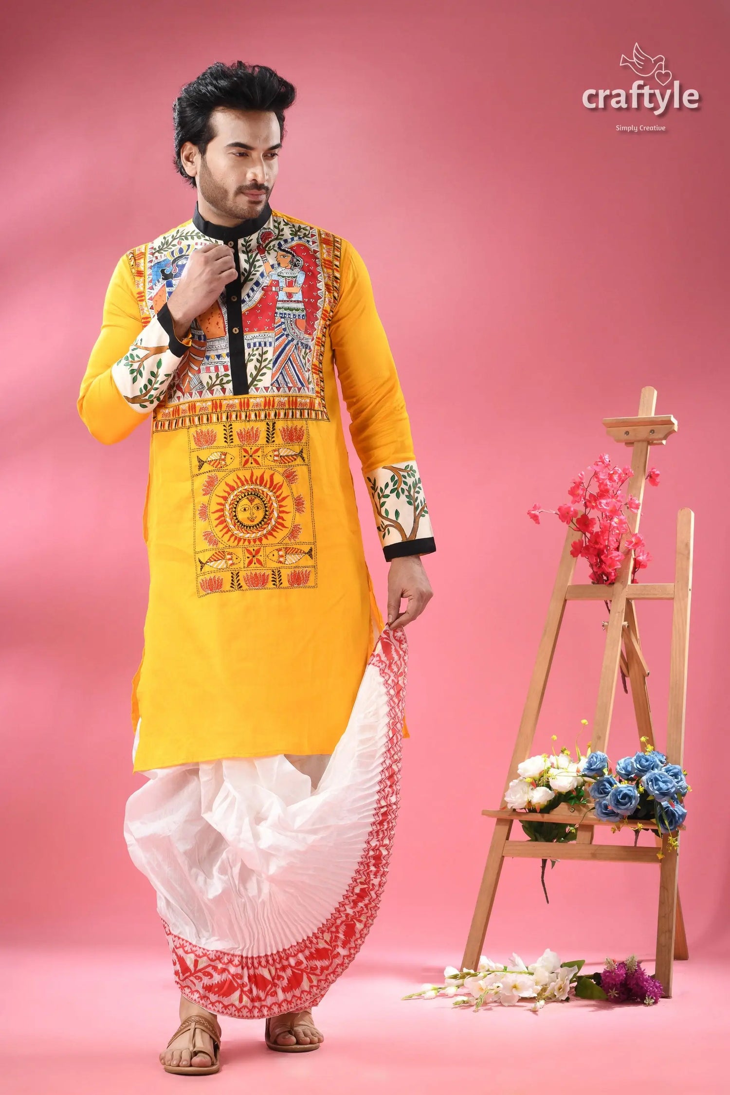Mahubani hand painted cotton punjabi for men with kantha embroidery men’s yellow kurta colorful folk 3