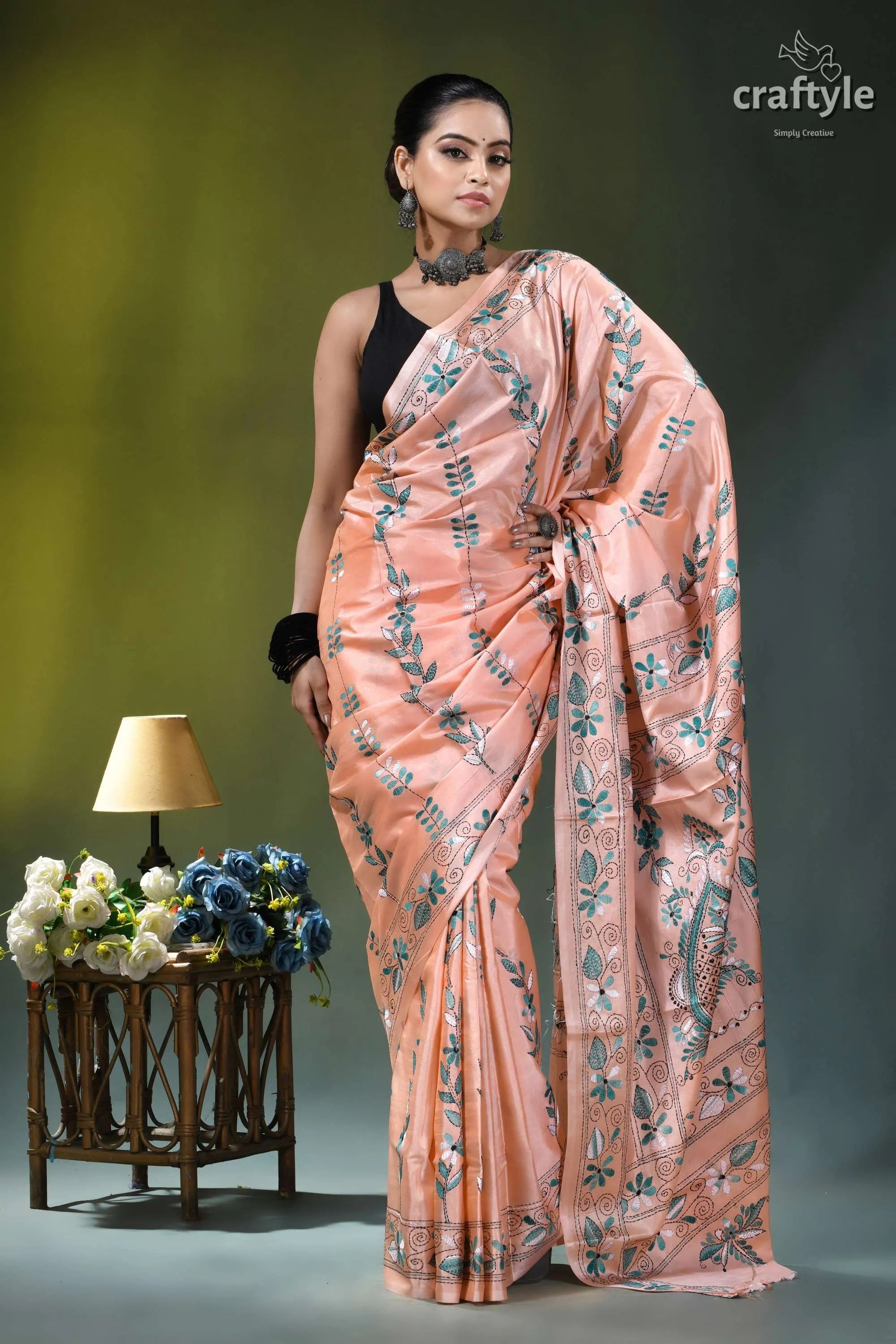 Mandys pink hand stitched ethnic silk kantha saree peach-colored silk saree intricate green 5