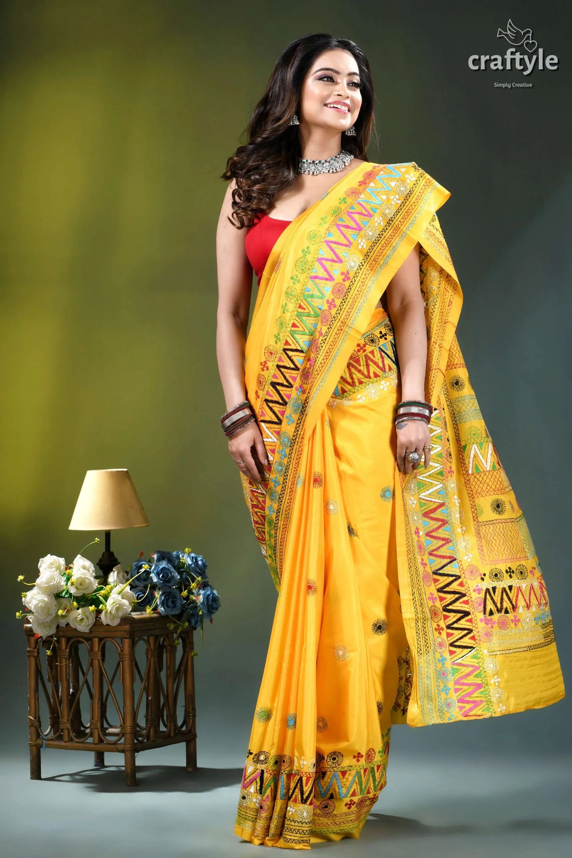 Marigold yellow hand embroidered floral design silk lambani saree vibrant yellow saree intricate geometric 4