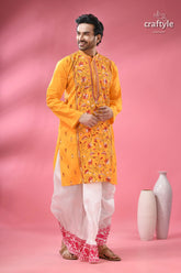 Marigold yellow kantha stitch cotton panjabi for men men’s embroidered yellow kurta white 5