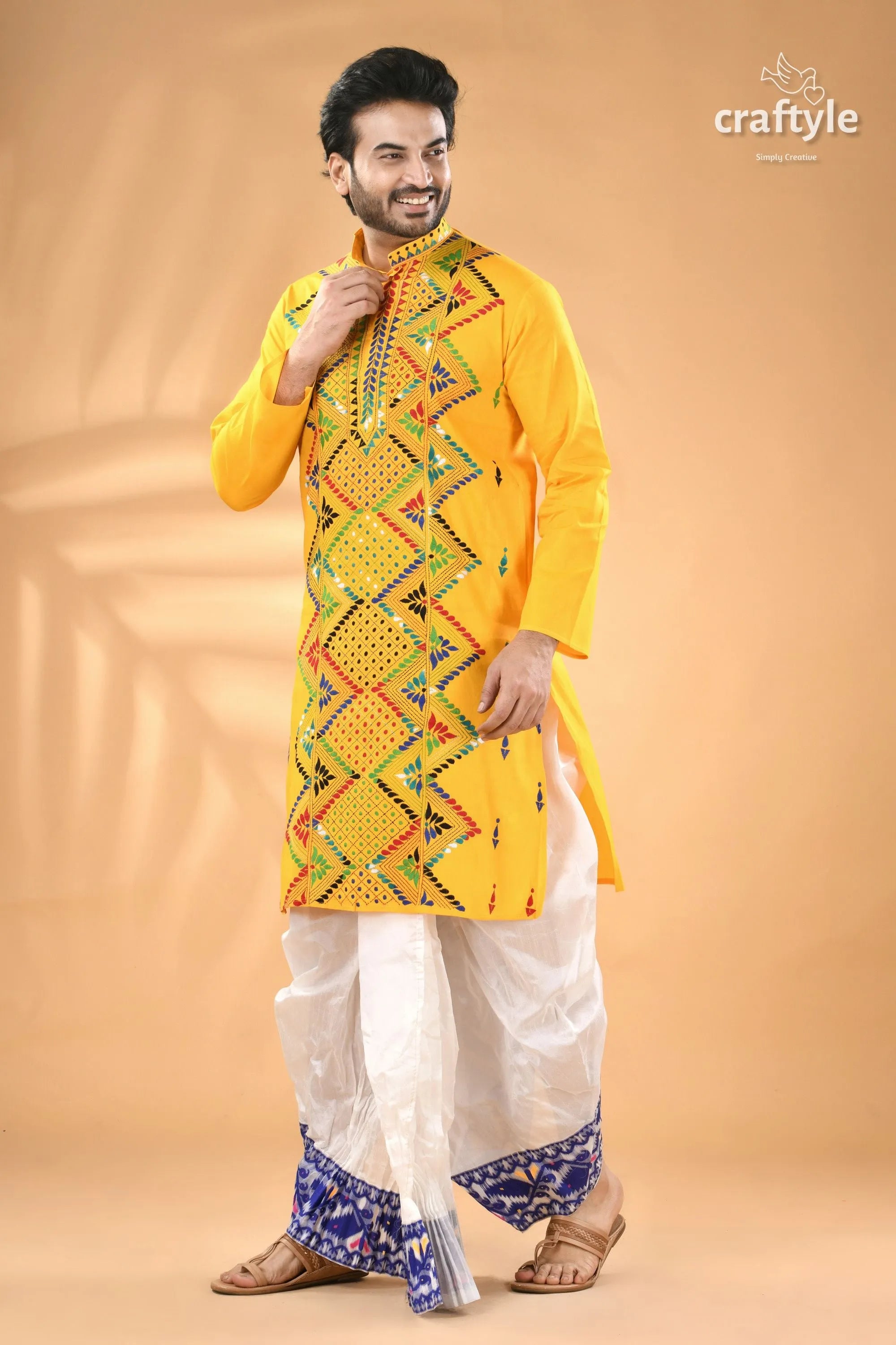 Marigold yellow multicolor kantha work cotton punjabi for men men’s embroidered kurta white 5