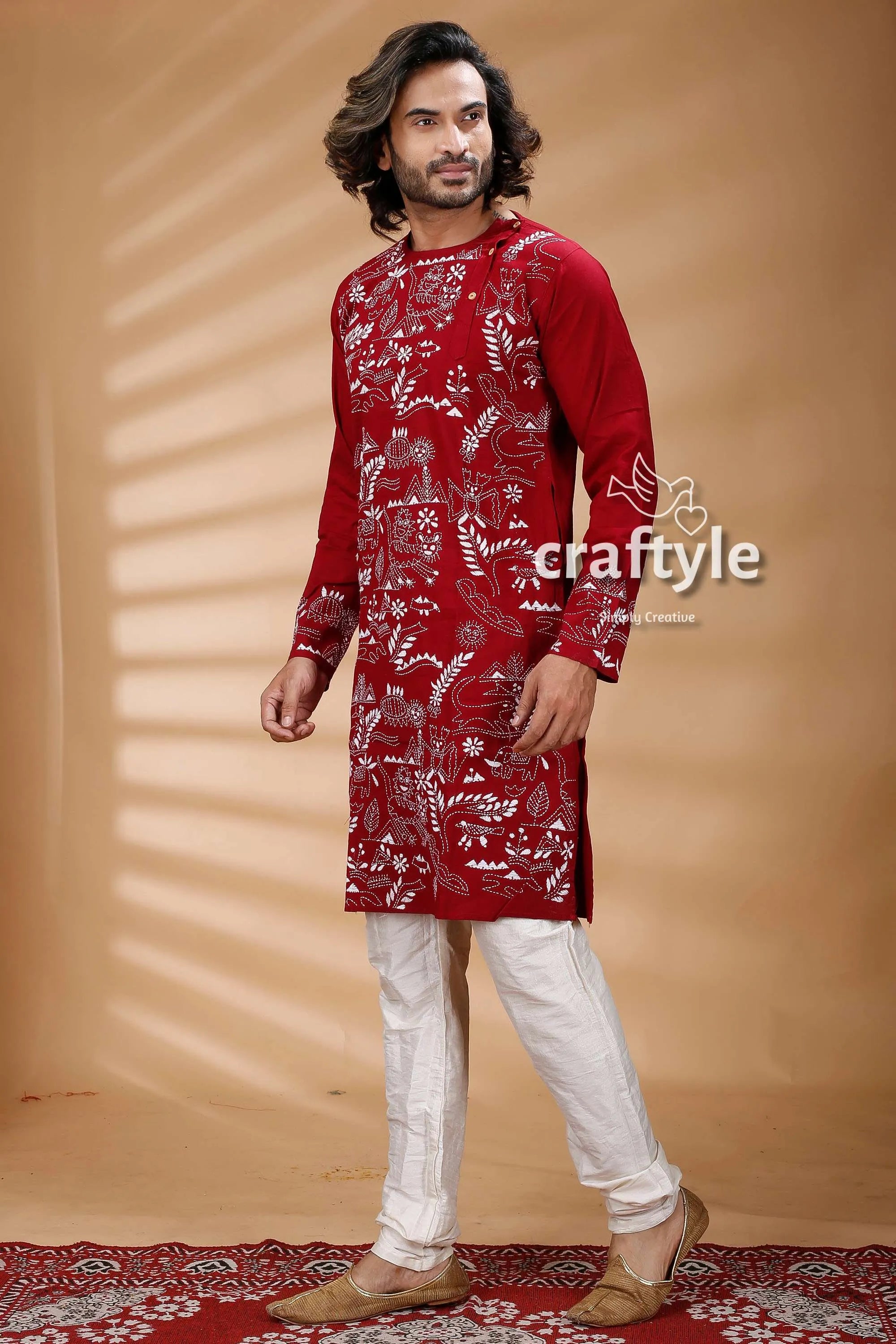 Maroon color kantha work ethnic cotton kurta panjabi for men embroidered white pants 4