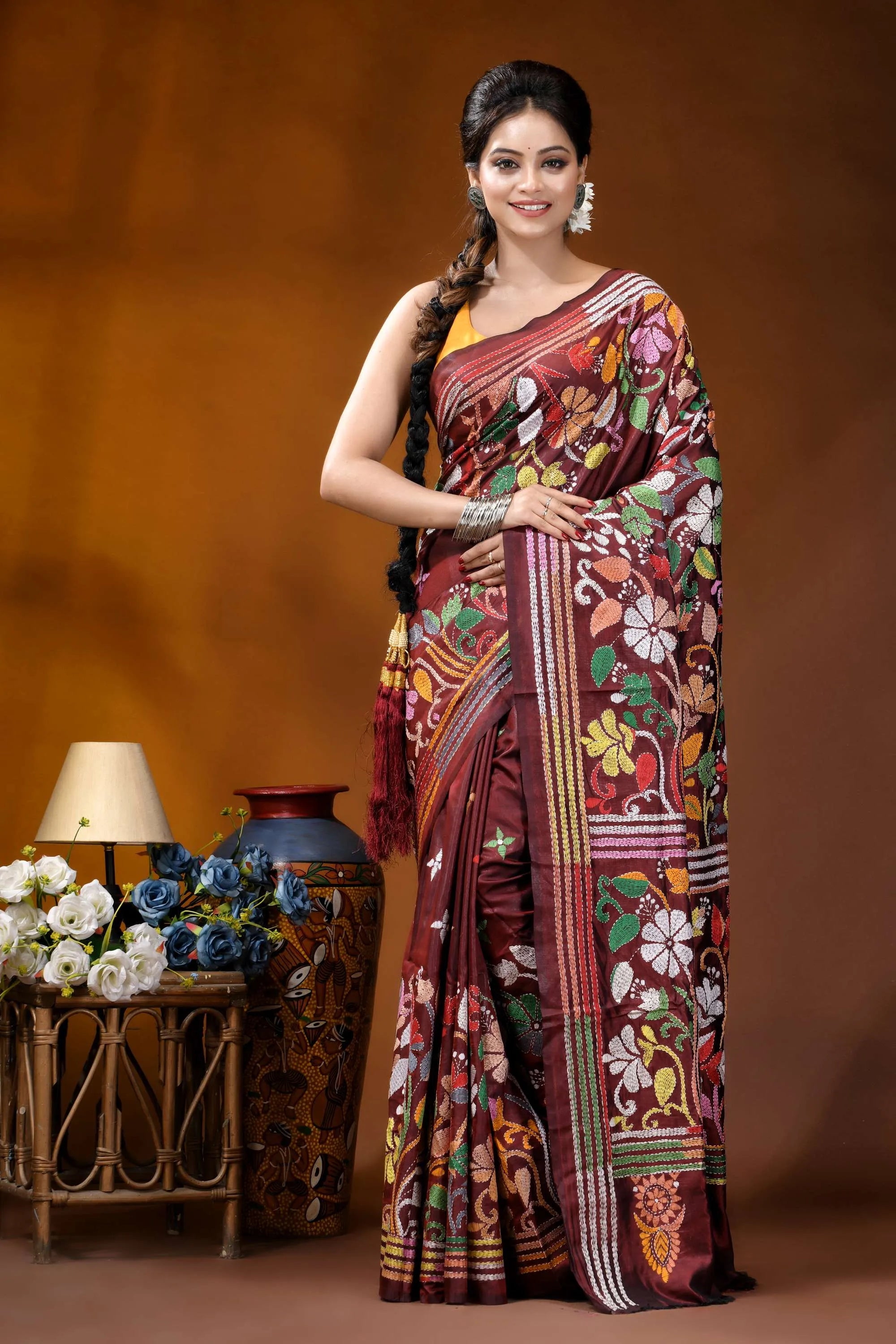Maroon floral motif multicolor handcrafted kantha silk saree maroon silk saree adorned intricate 1