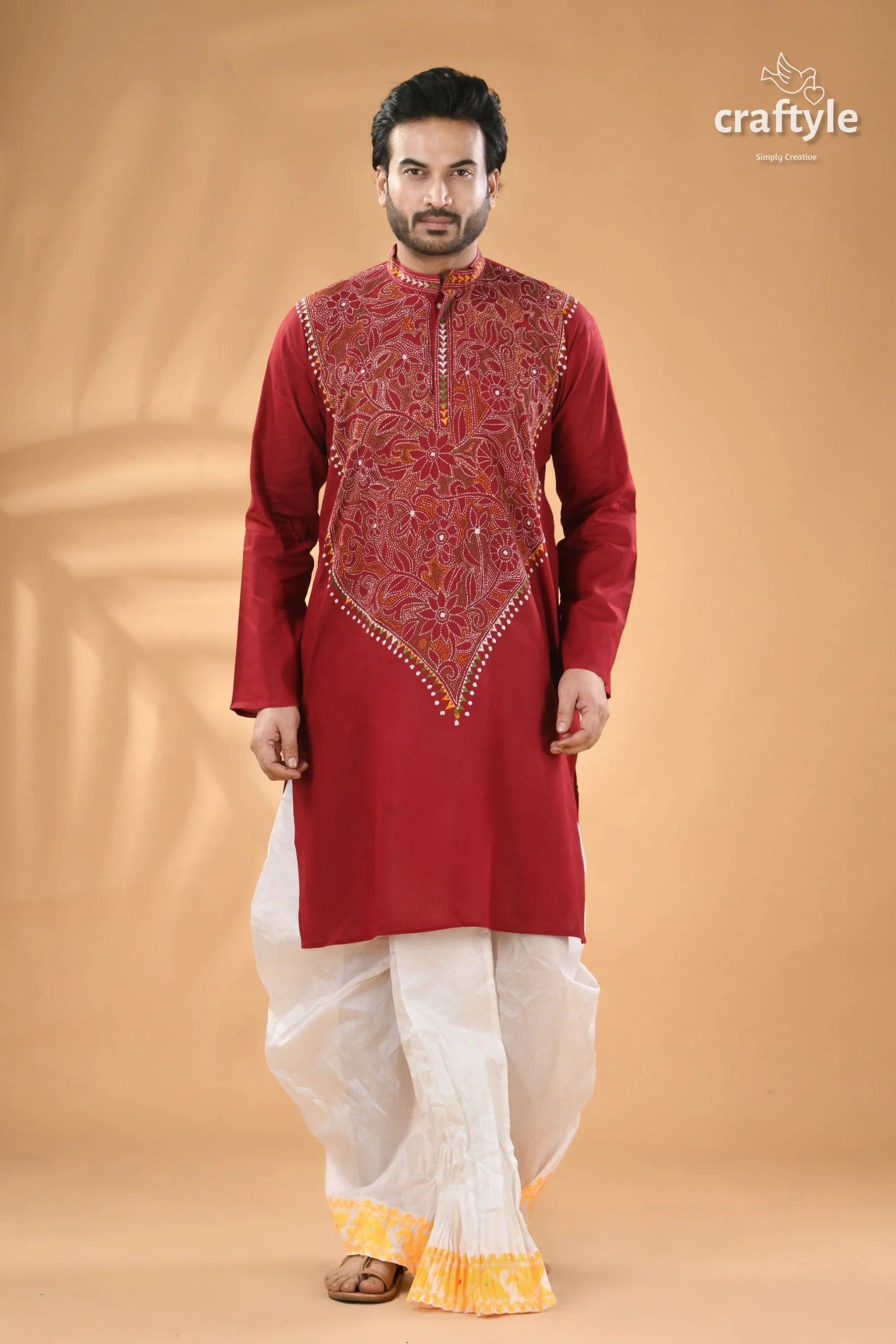 Maroon kantha work mens cotton ethnic punjabi - reverse stitch men’s maroon embroidered kurta white 5