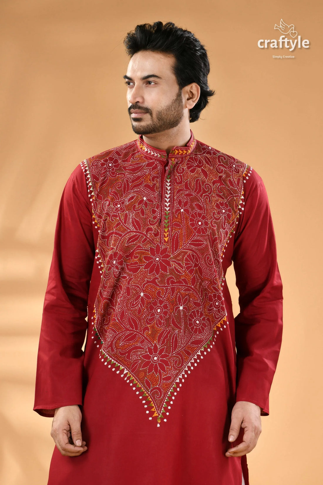 Maroon kantha work mens cotton ethnic punjabi - reverse stitch men’s embroidered red long-sleeved kurta 2