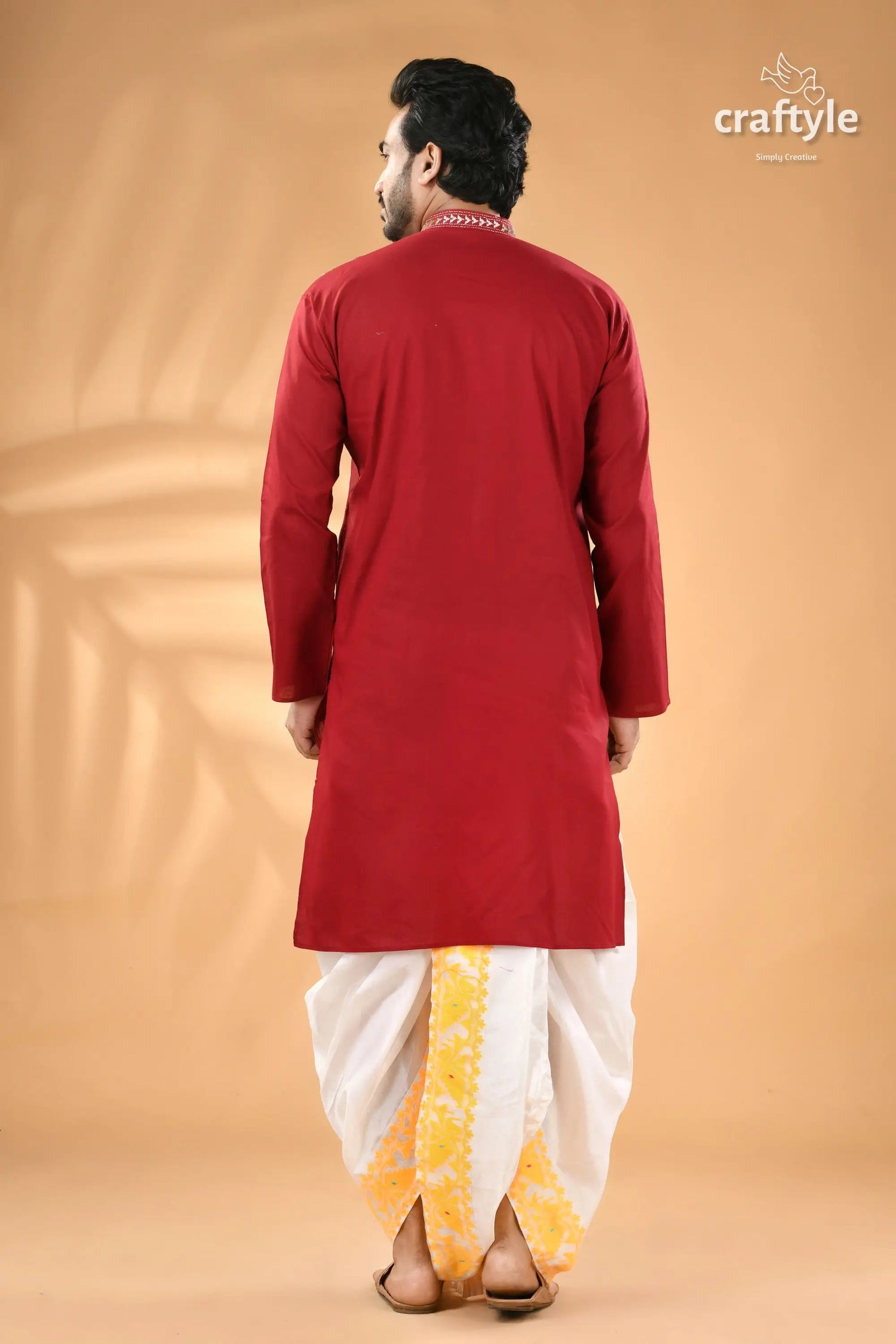 Maroon kantha work mens cotton ethnic punjabi reverse stitch men’s red long sleeved kurta white 6